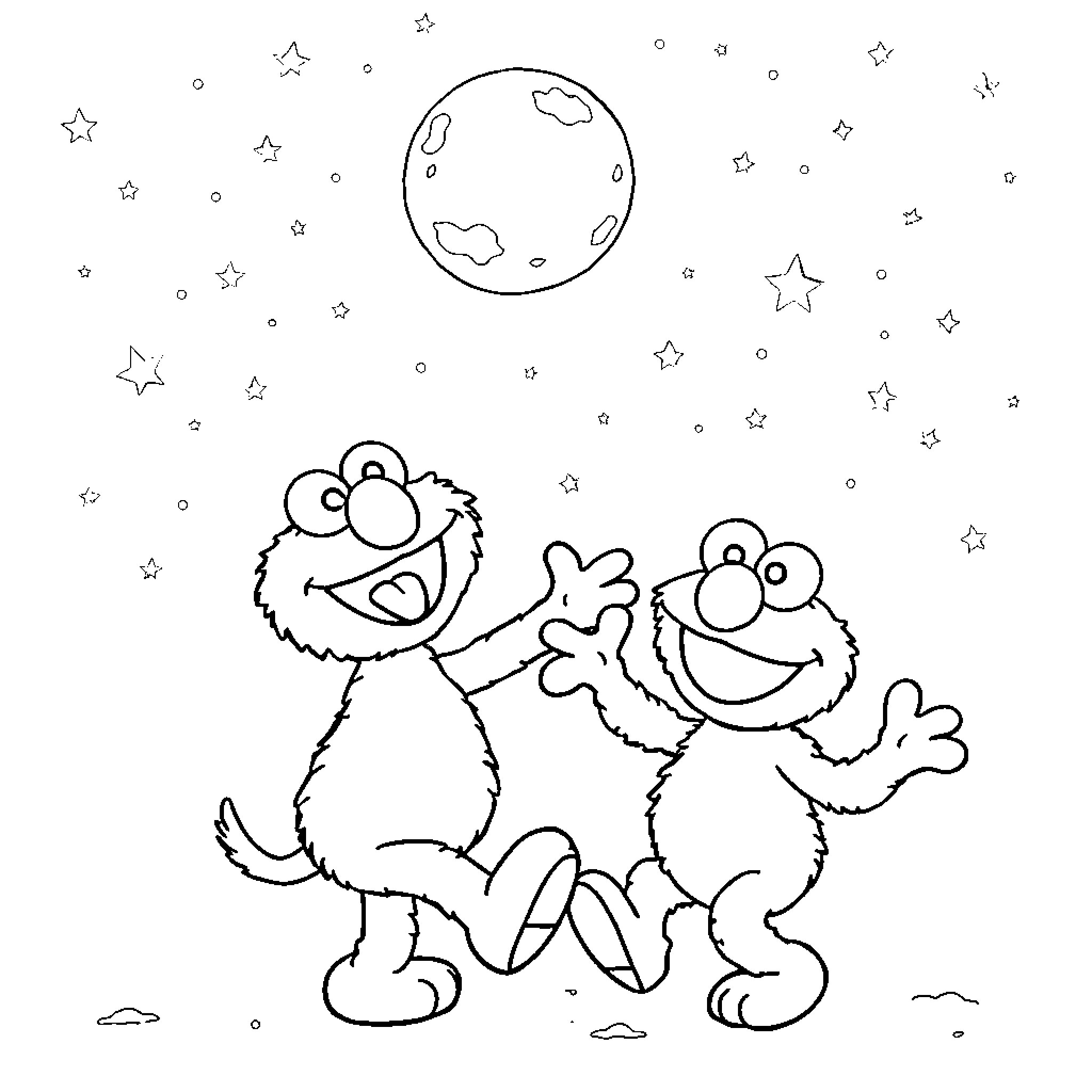 Elmo and friend explore the starry night sky Coloring Page (free black-and-white line drawing printable PDF for all, from beginners to advanced learners, including children, teens, adults, and seniors)