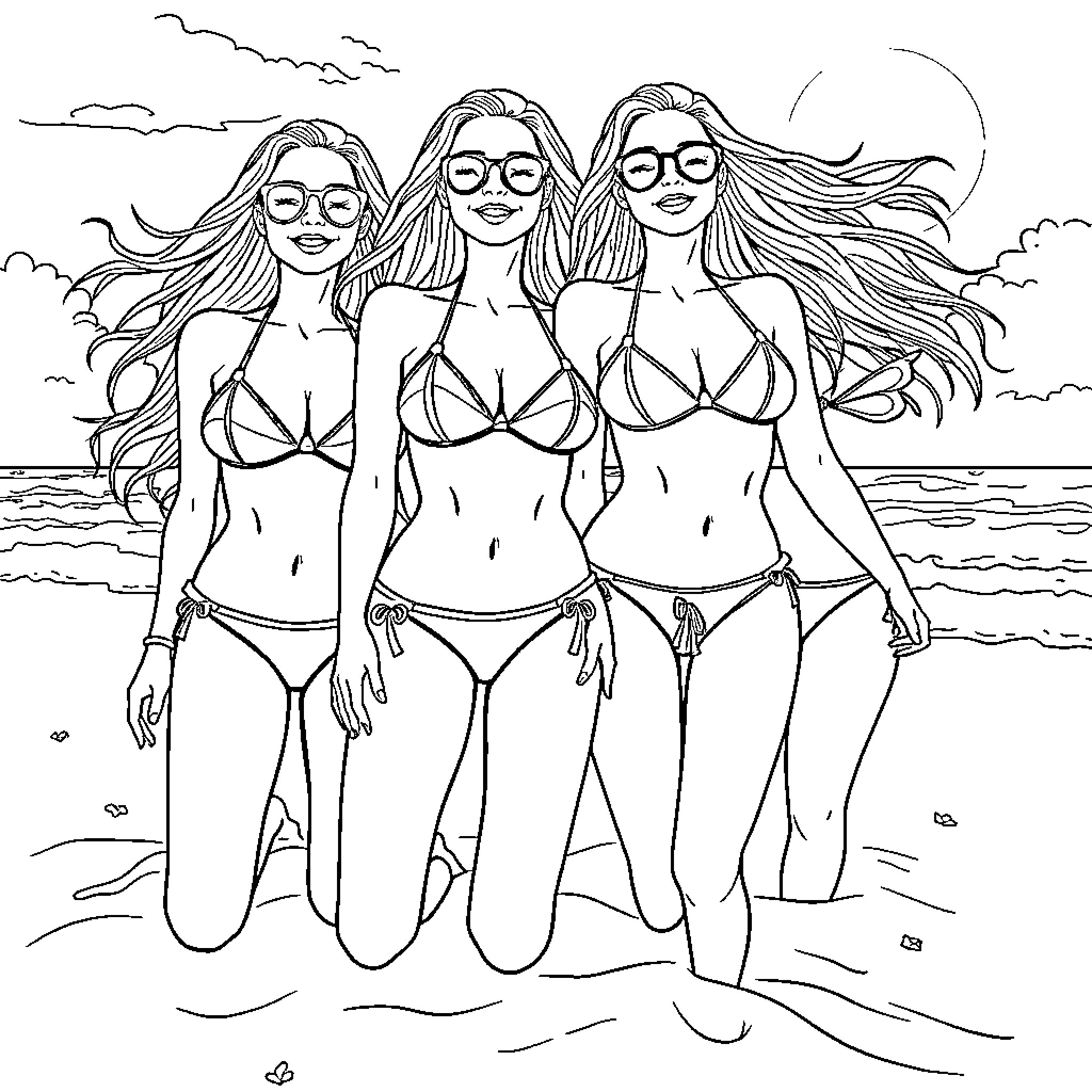 Woman in bikinis enjoying the beach together Coloring Page (free black-and-white line drawing printable PDF for all, from beginners to advanced learners, including children, teens, adults, and seniors)