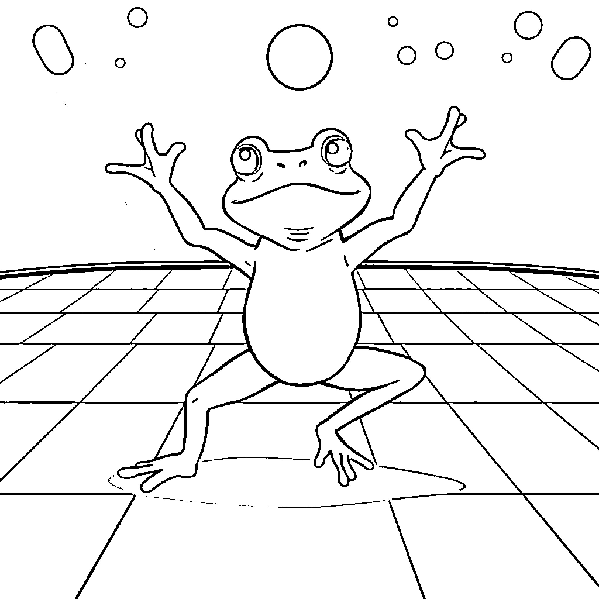 Frog performing a joyful pose Coloring Page (free black-and-white line drawing printable PDF for all, from beginners to advanced learners, including children, teens, adults, and seniors)