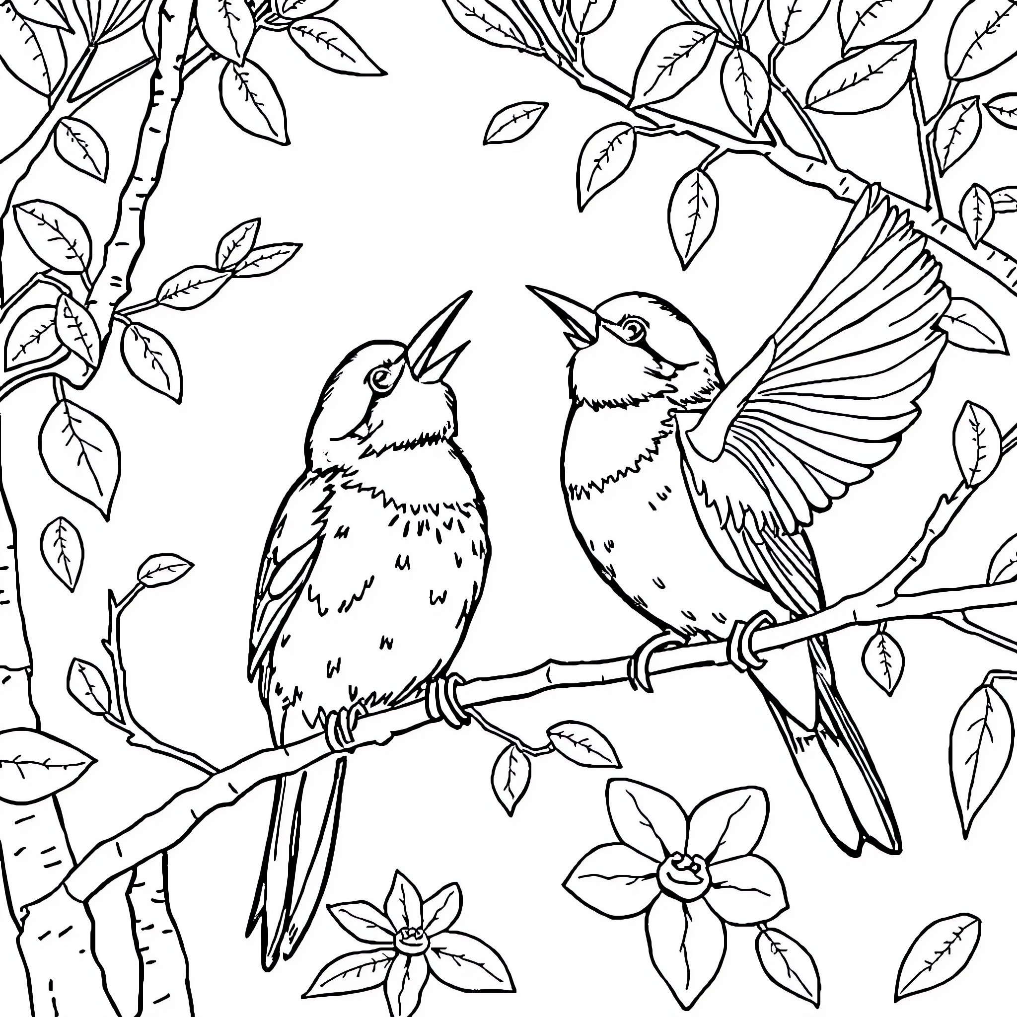 Bird pair perched on tree branch with leaves Coloring Page (free black-and-white line drawing printable PDF for all, from beginners to advanced learners, including children, teens, adults, and seniors)