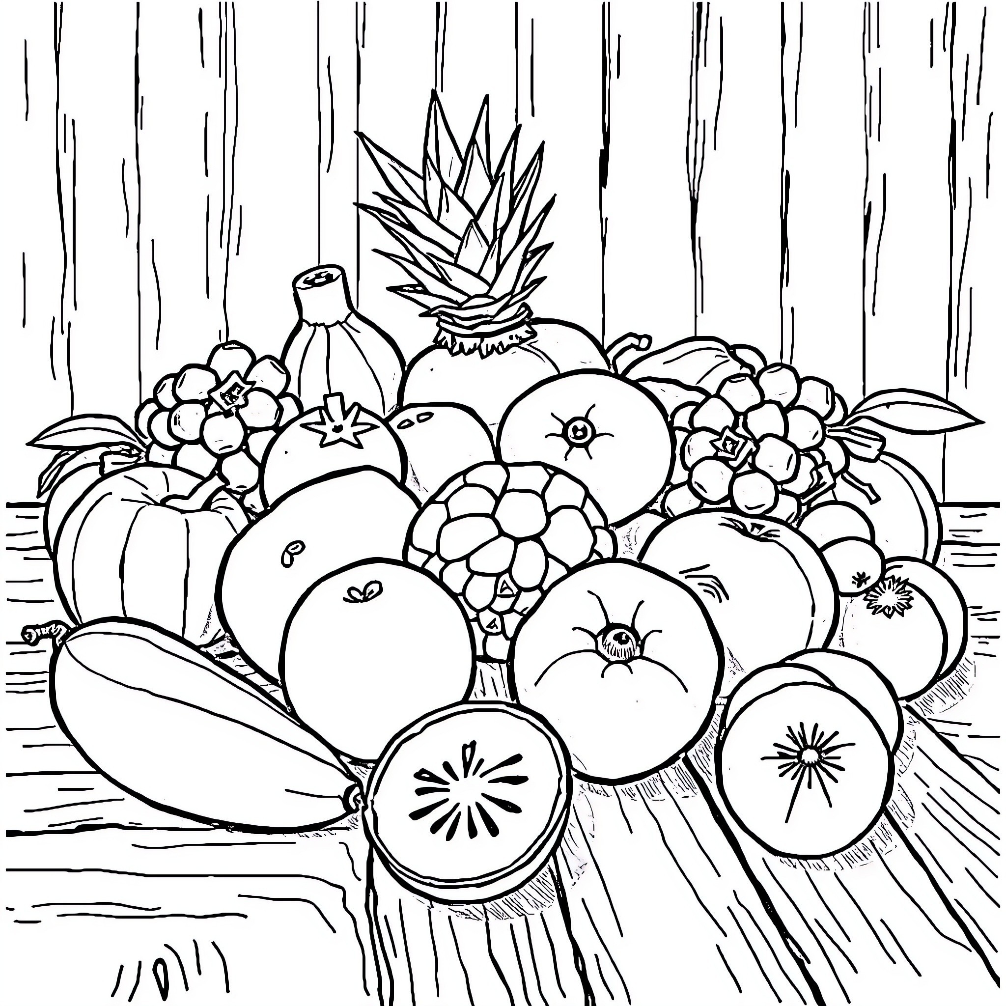 Fruit bounty in black and white Coloring Page (free black-and-white line drawing printable PDF for all, from beginners to advanced learners, including children, teens, adults, and seniors)