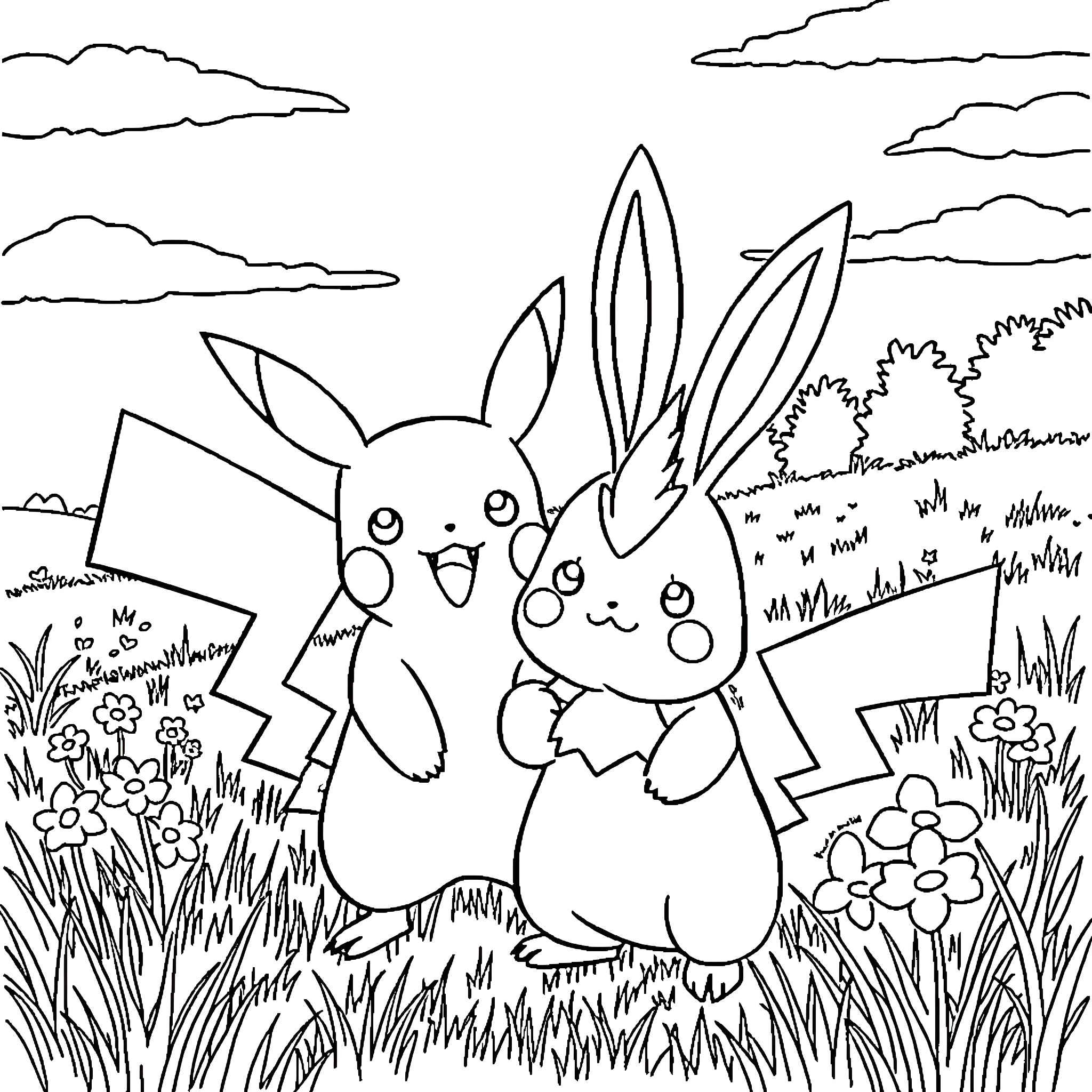 Pikachu and Bunny Pokemon Playing in the Meadow Coloring Page (free black-and-white line drawing printable PDF for all, from beginners to advanced learners, including children, teens, adults, and seniors)