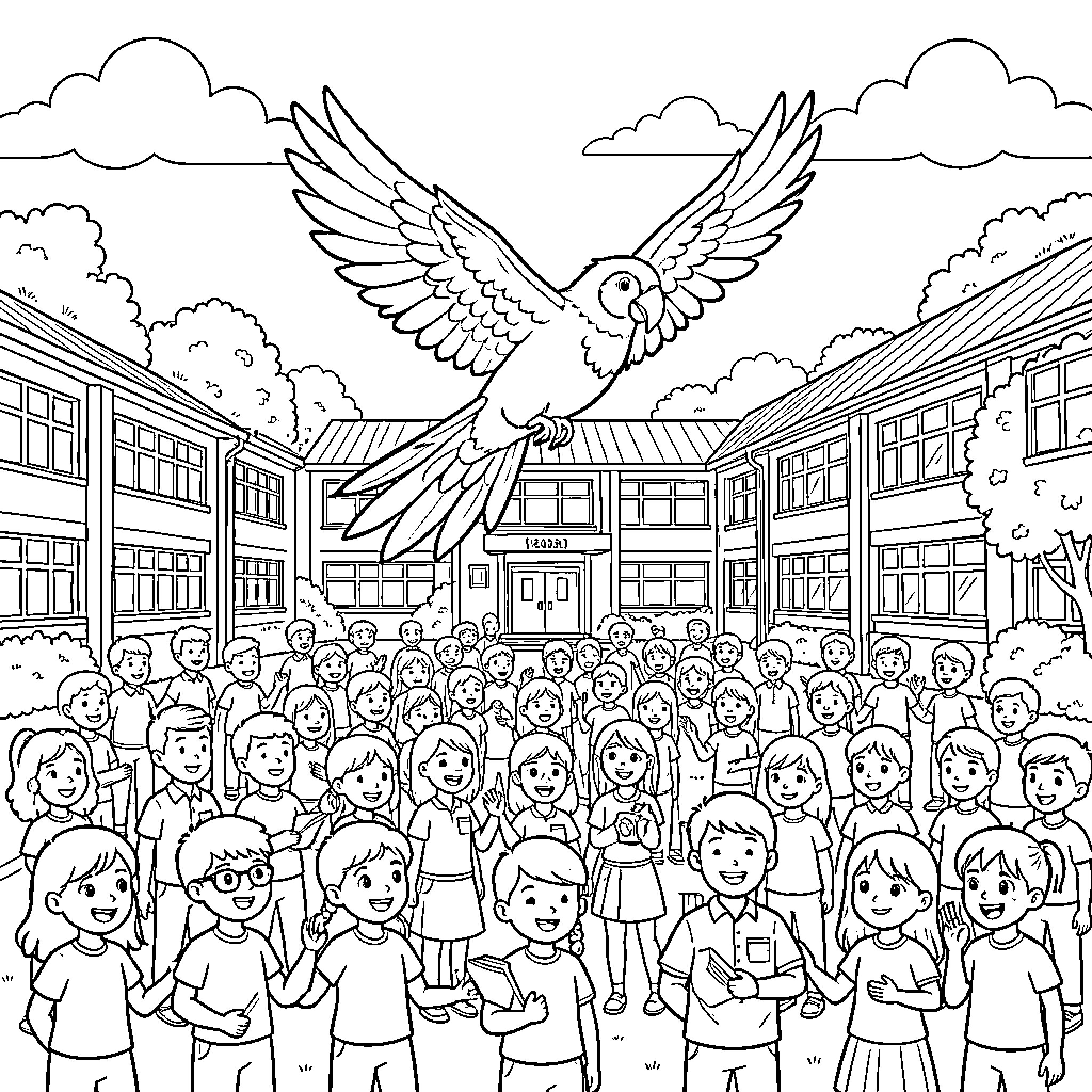 Bird soaring over a joyful gathering of people Coloring Page (free black-and-white line drawing printable PDF for all, from beginners to advanced learners, including children, teens, adults, and seniors)