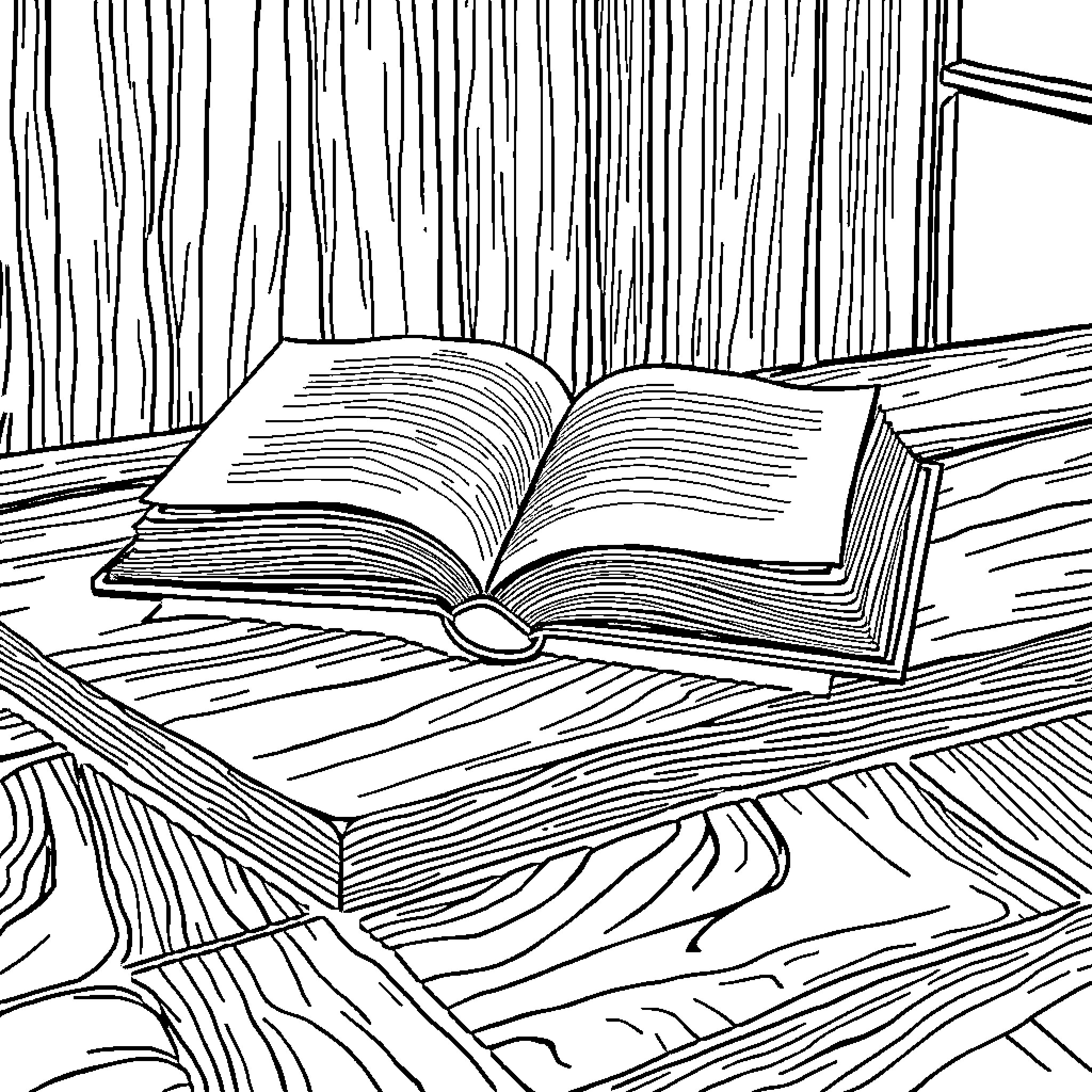 Book open on wooden table Coloring Page (free black-and-white line drawing printable PDF for all, from beginners to advanced learners, including children, teens, adults, and seniors)