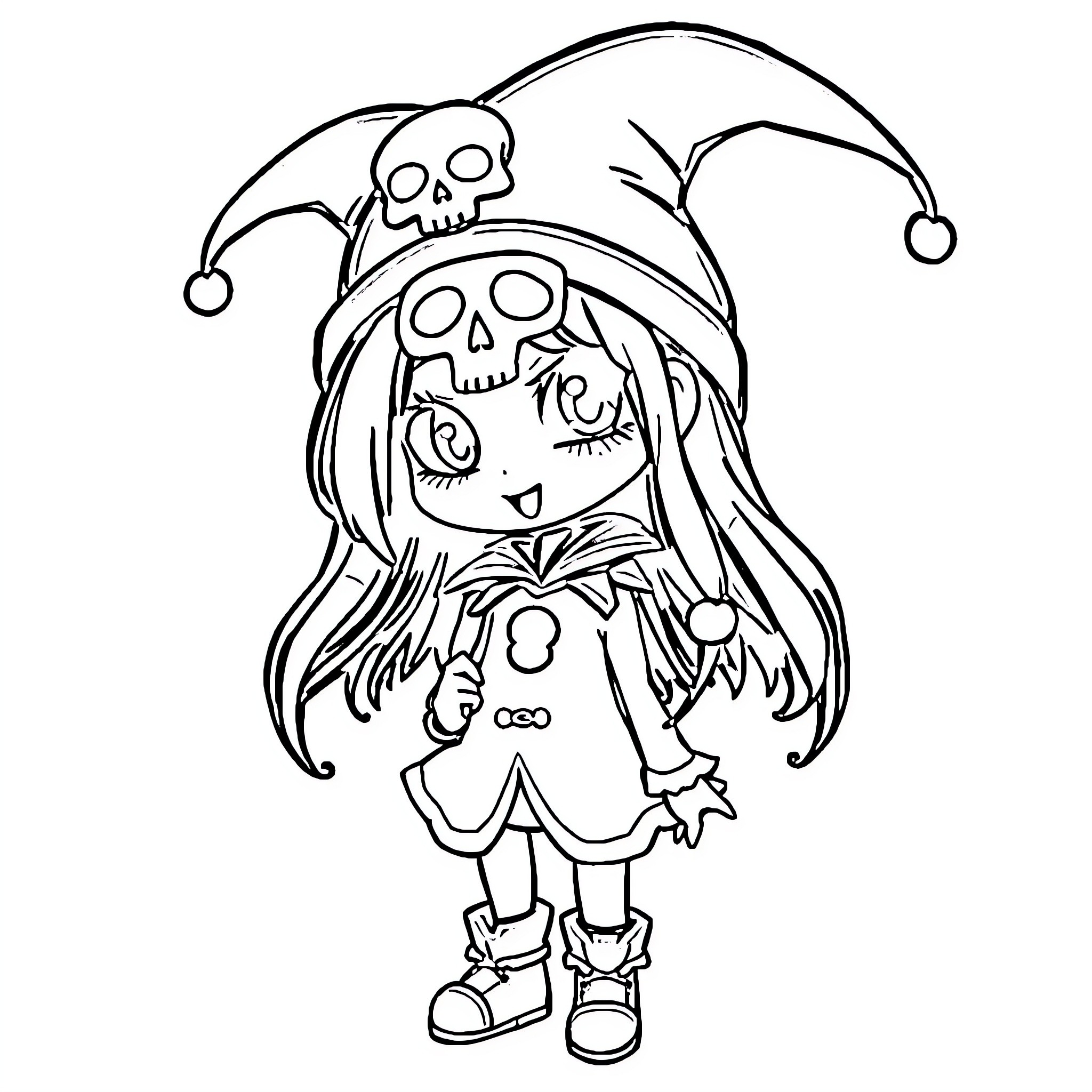 Kuromi's Playful Spooky Outfit Coloring Page (free black-and-white line drawing printable PDF for all, from beginners to advanced learners, including children, teens, adults, and seniors)