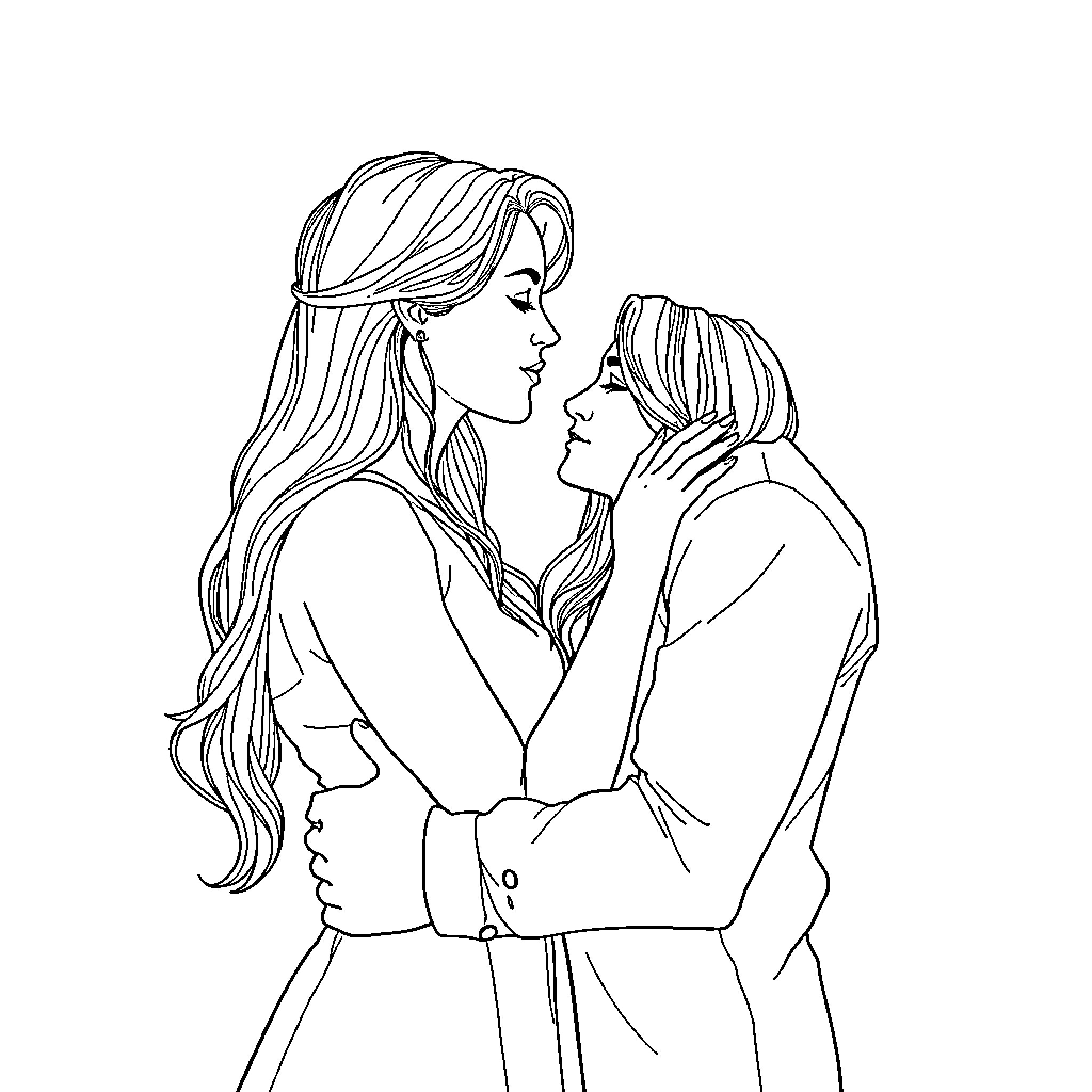 Couple in intimate embrace Coloring Page (free black-and-white line drawing printable PDF for all, from beginners to advanced learners, including children, teens, adults, and seniors)