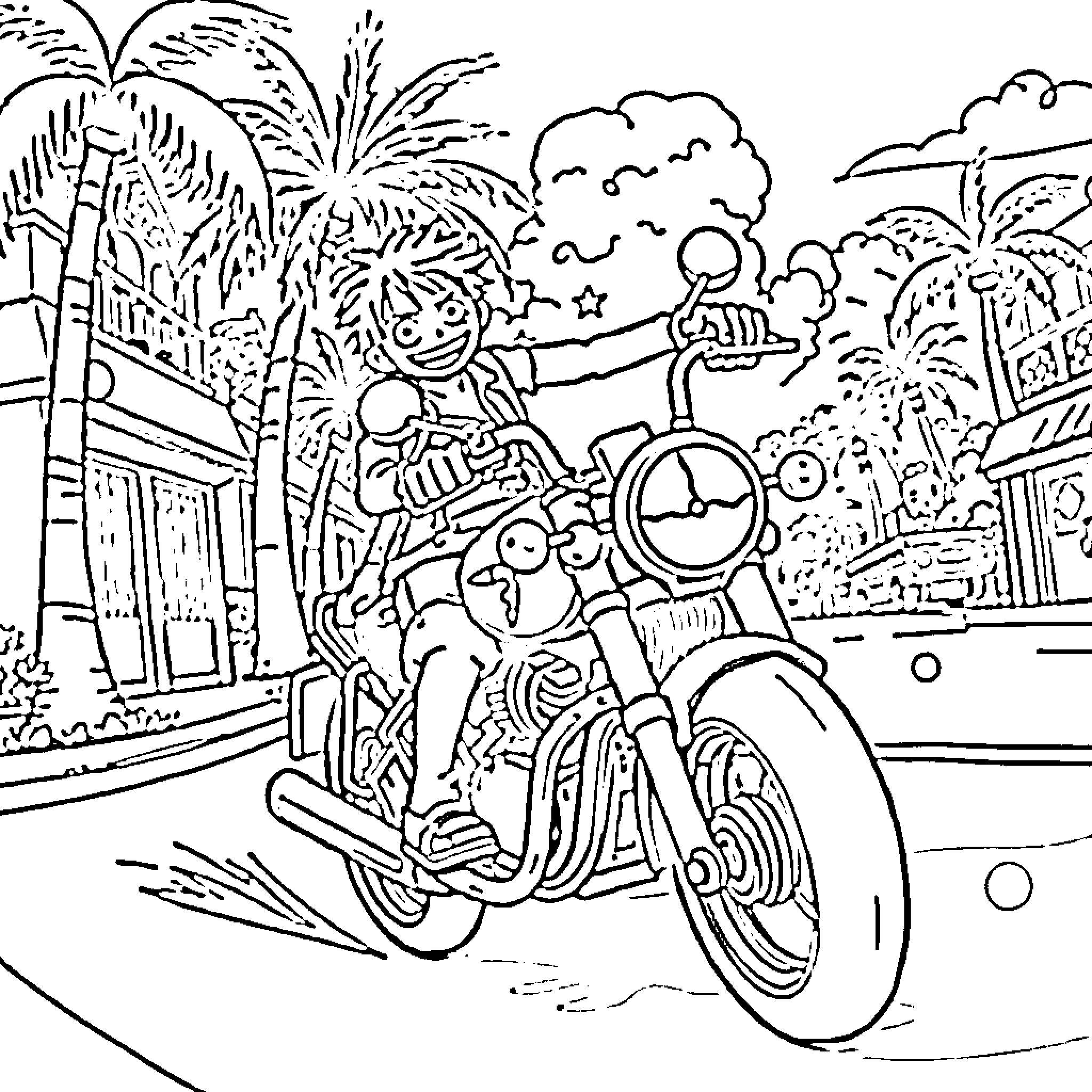 Luffy and friends going for a ride on a motorcycle Coloring Page (free black-and-white line drawing printable PDF for all, from beginners to advanced learners, including children, teens, adults, and seniors)