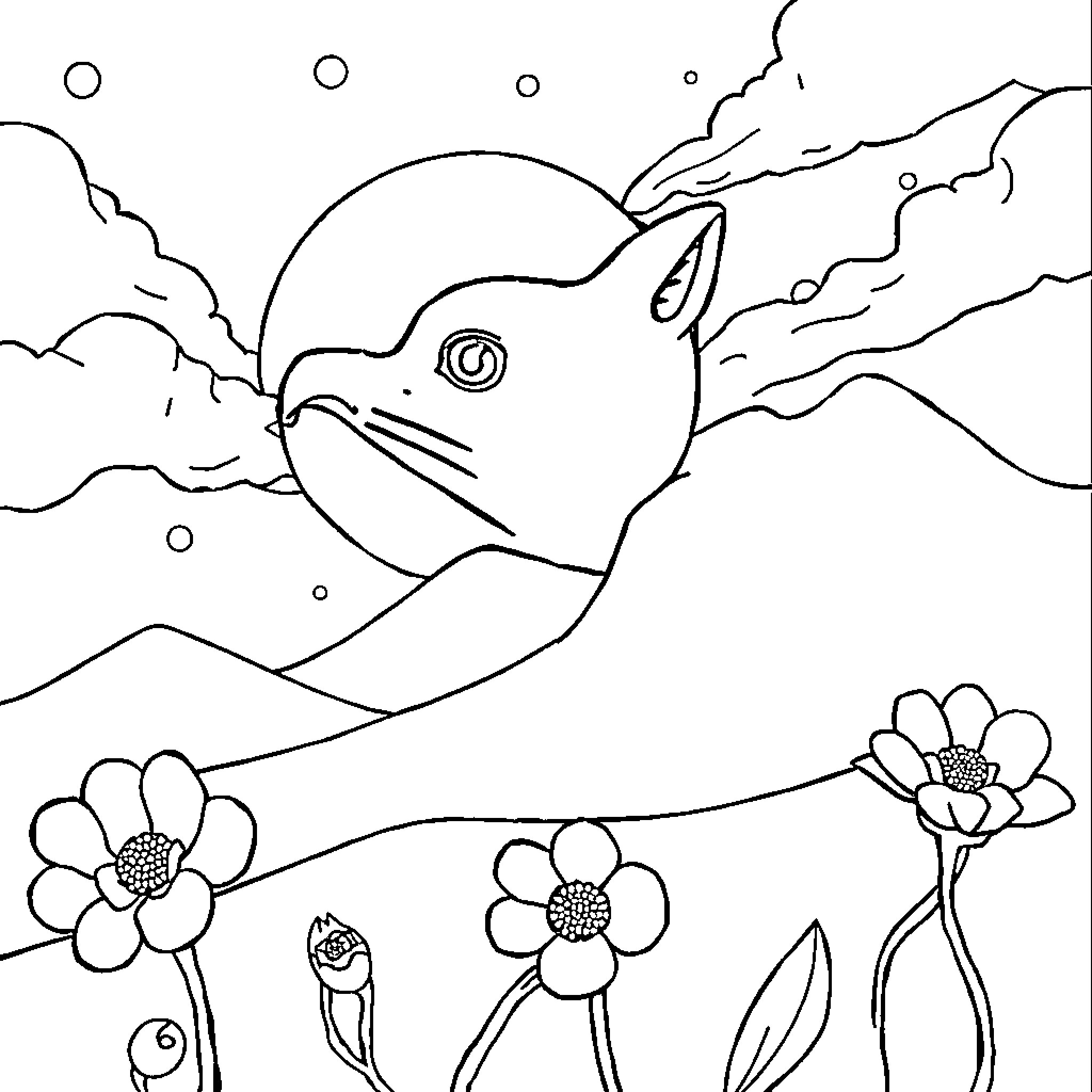 Sea Turtle swimming in the ocean with flowers Coloring Page (free black-and-white line drawing printable PDF for all, from beginners to advanced learners, including children, teens, adults, and seniors)
