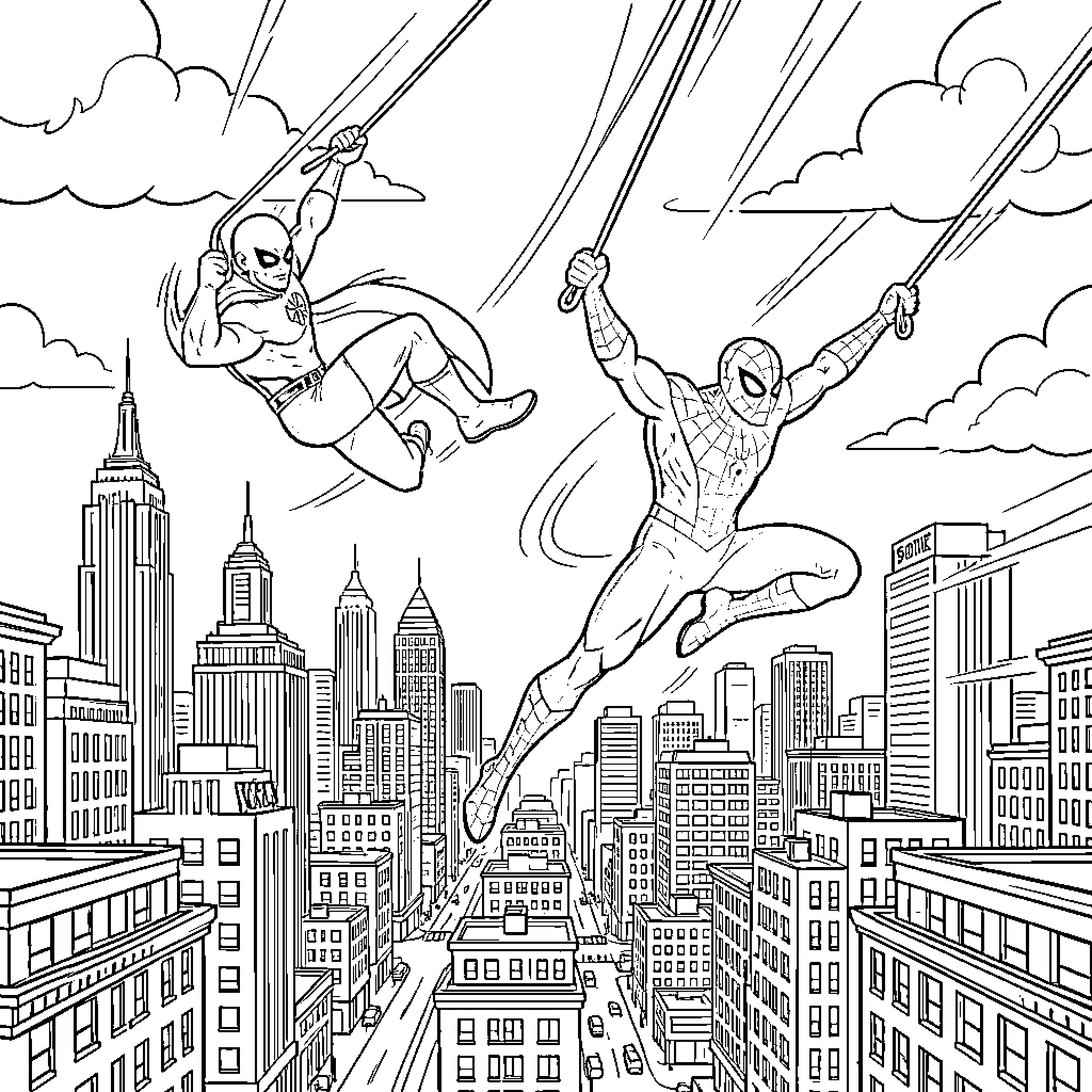 Spidey superheroes swinging through the city skyline Coloring Page (free black-and-white line drawing printable PDF for all, from beginners to advanced learners, including children, teens, adults, and seniors)