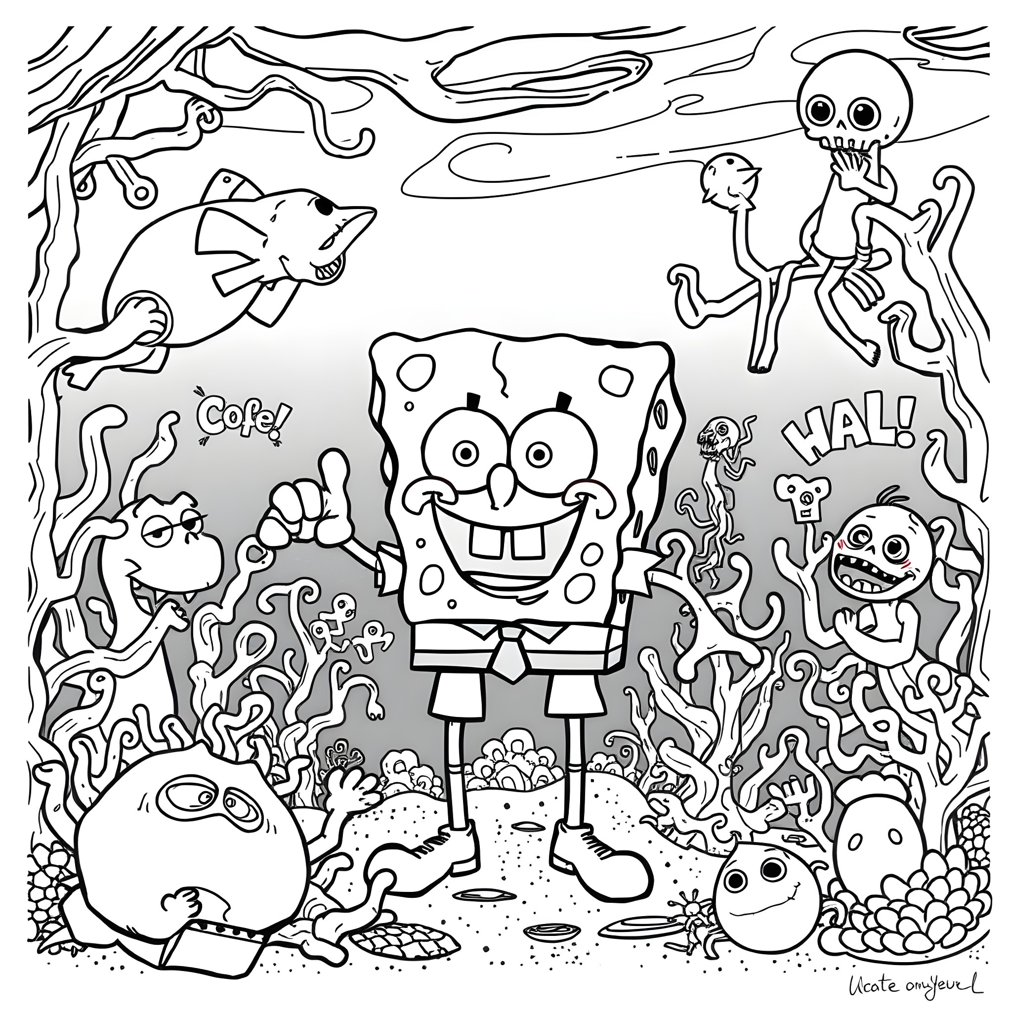 Spongebob's Wacky Underwater Adventure Coloring Page (free black-and-white line drawing printable PDF for all, from beginners to advanced learners, including children, teens, adults, and seniors)