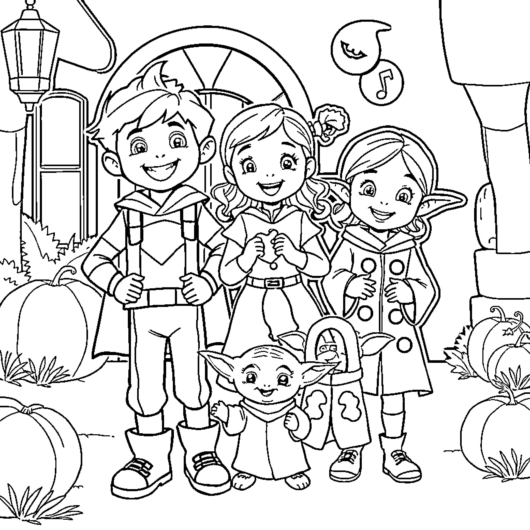 Child friends exploring the town together Coloring Page (free black-and-white line drawing printable PDF for all, from beginners to advanced learners, including children, teens, adults, and seniors)