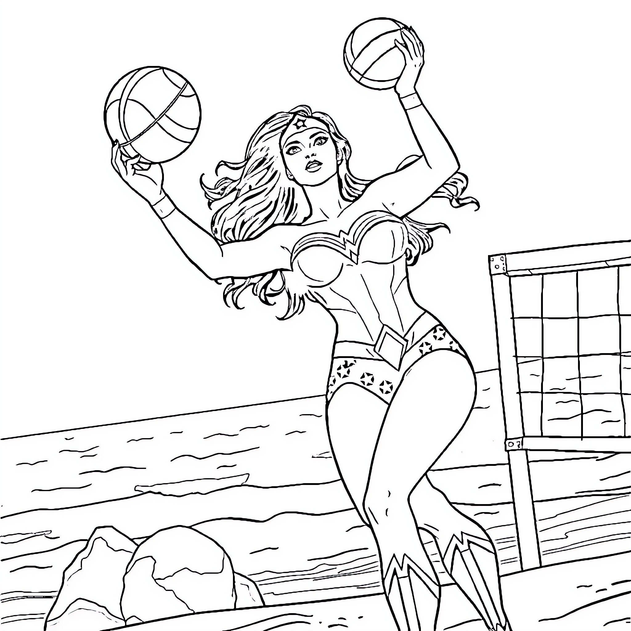 Wonder Woman Playing Volleyball on the Beach Coloring Page (free black-and-white line drawing printable PDF for all, from beginners to advanced learners, including children, teens, adults, and seniors)