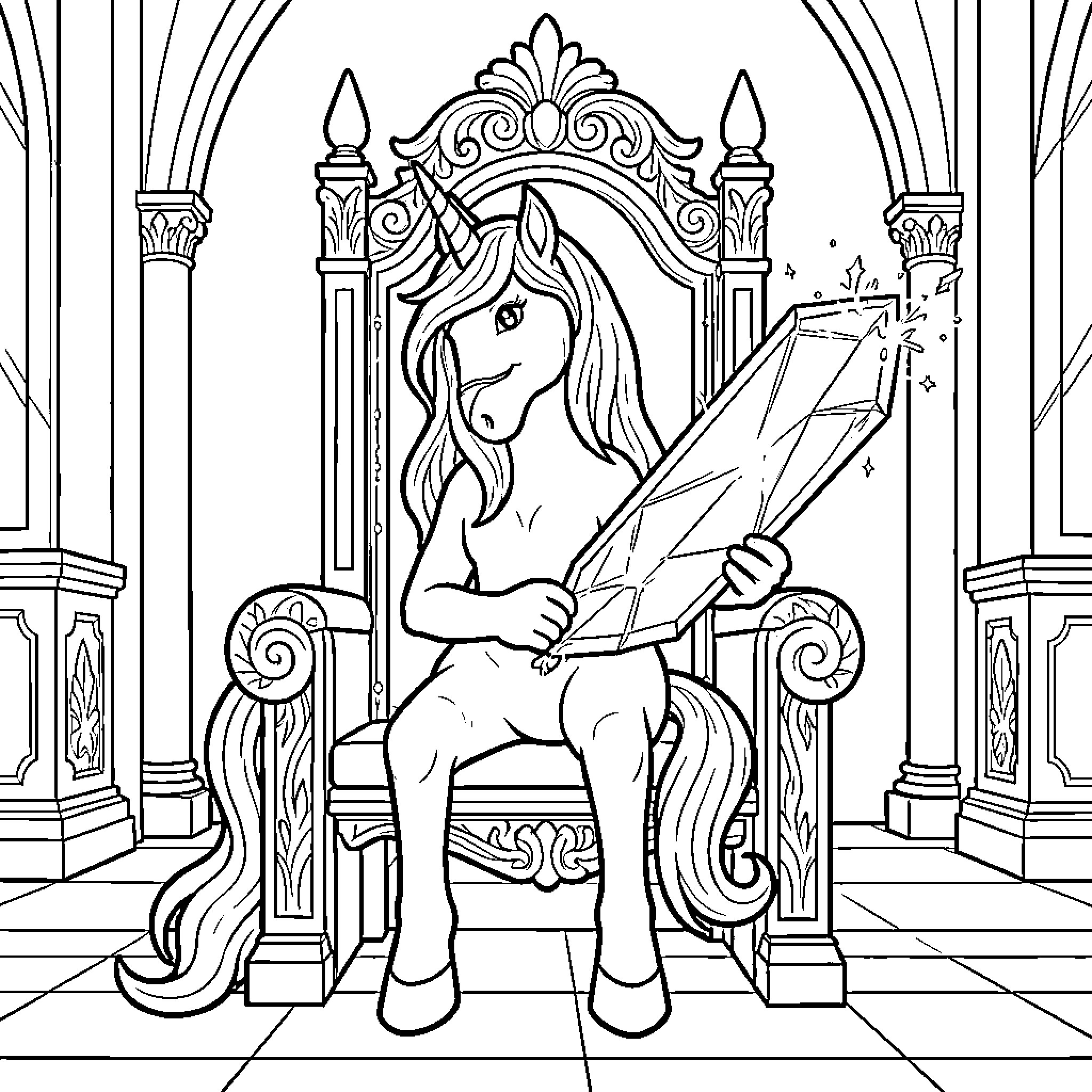 Unicorn sitting on a throne holding a large crystal Coloring Page (free black-and-white line drawing printable PDF for all, from beginners to advanced learners, including children, teens, adults, and seniors)