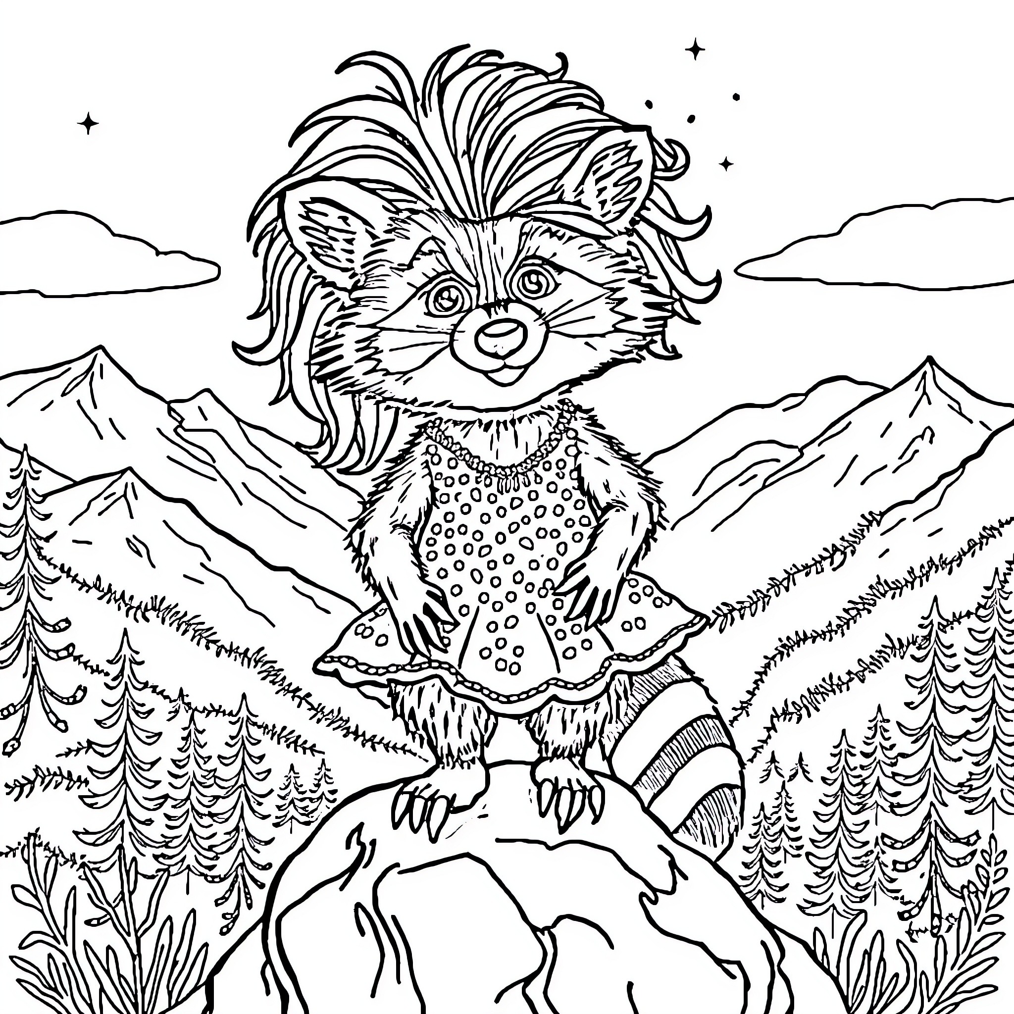 Raccoon exploring the forest landscape Coloring Page (free black-and-white line drawing printable PDF for all, from beginners to advanced learners, including children, teens, adults, and seniors)