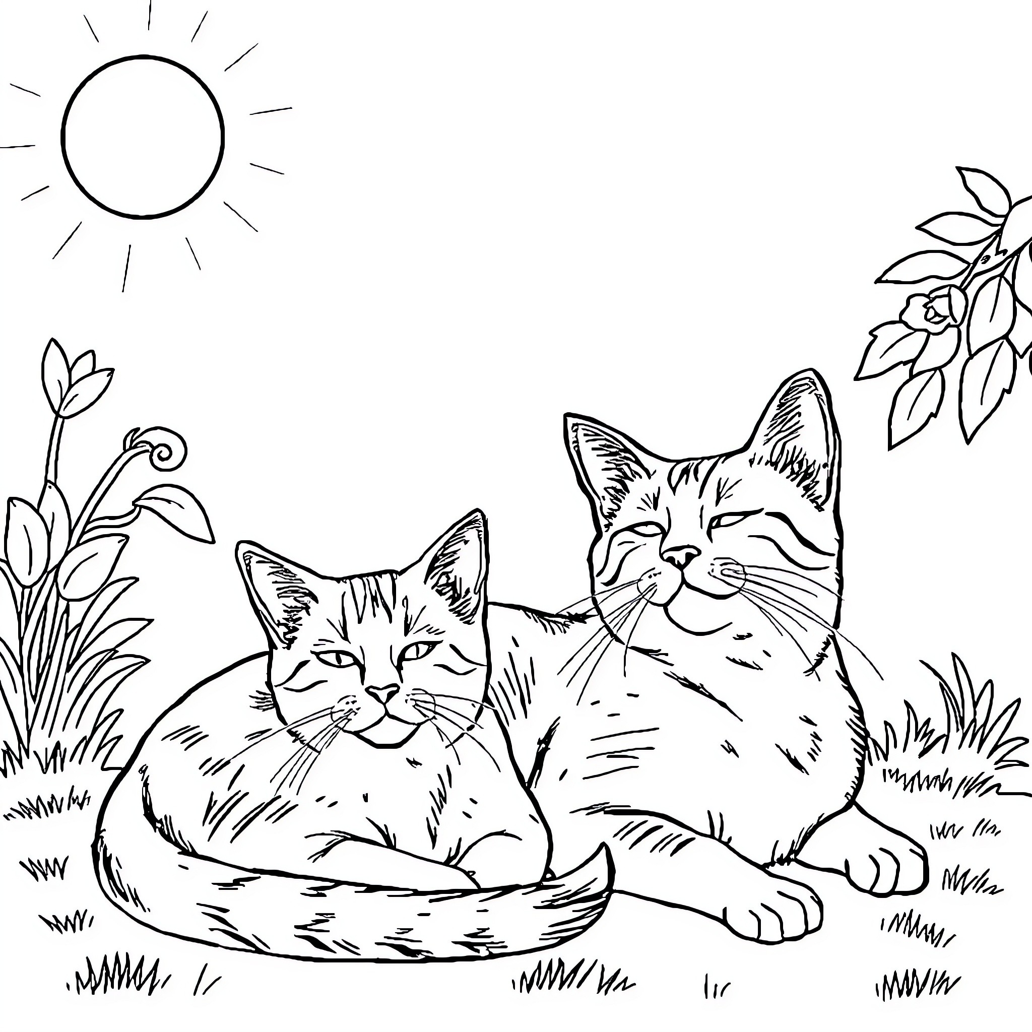 Cat resting in nature Coloring Page (free black-and-white line drawing printable PDF for all, from beginners to advanced learners, including children, teens, adults, and seniors)
