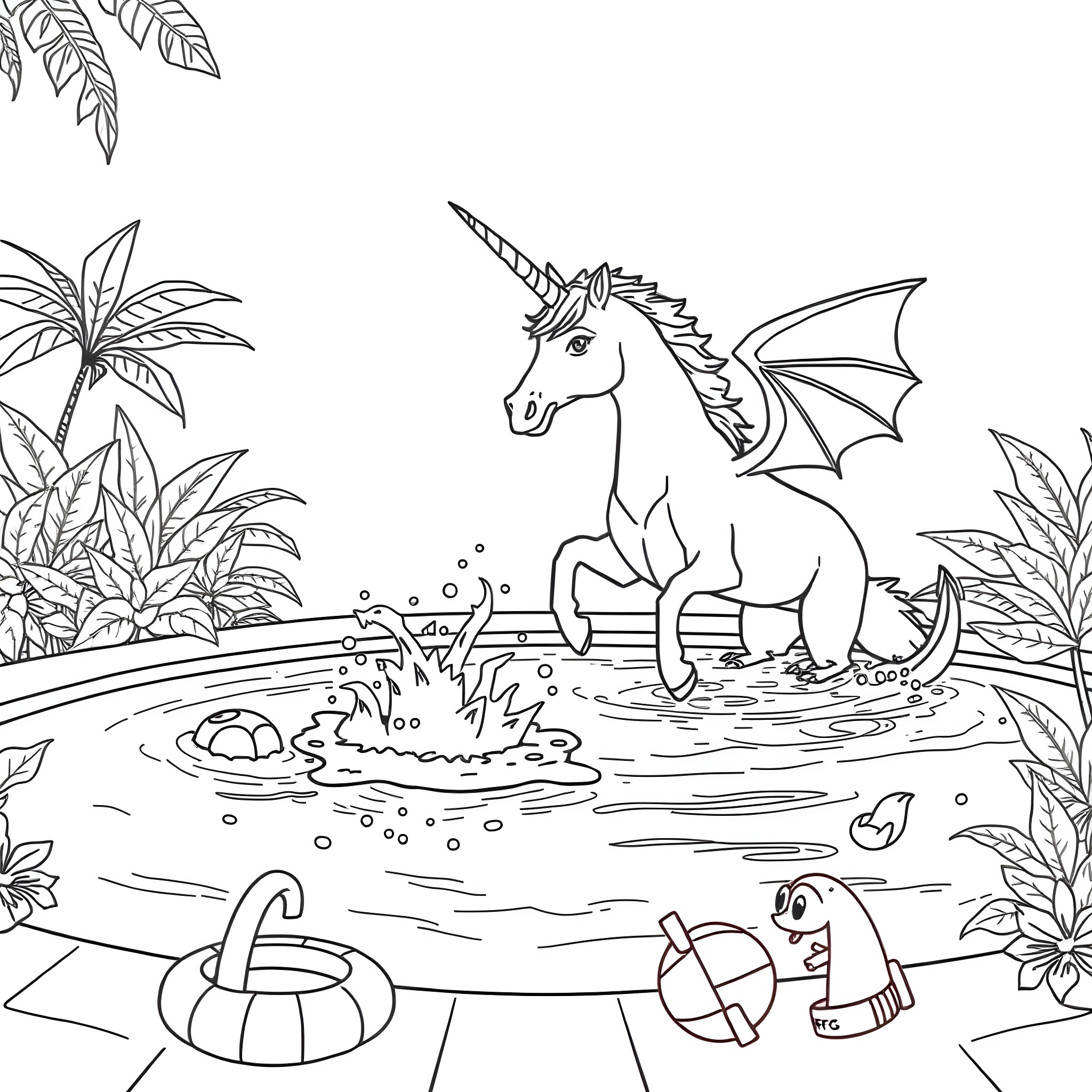 Unicorn playing in a tropical paradise Coloring Page (free black-and-white line drawing printable PDF for all, from beginners to advanced learners, including children, teens, adults, and seniors)