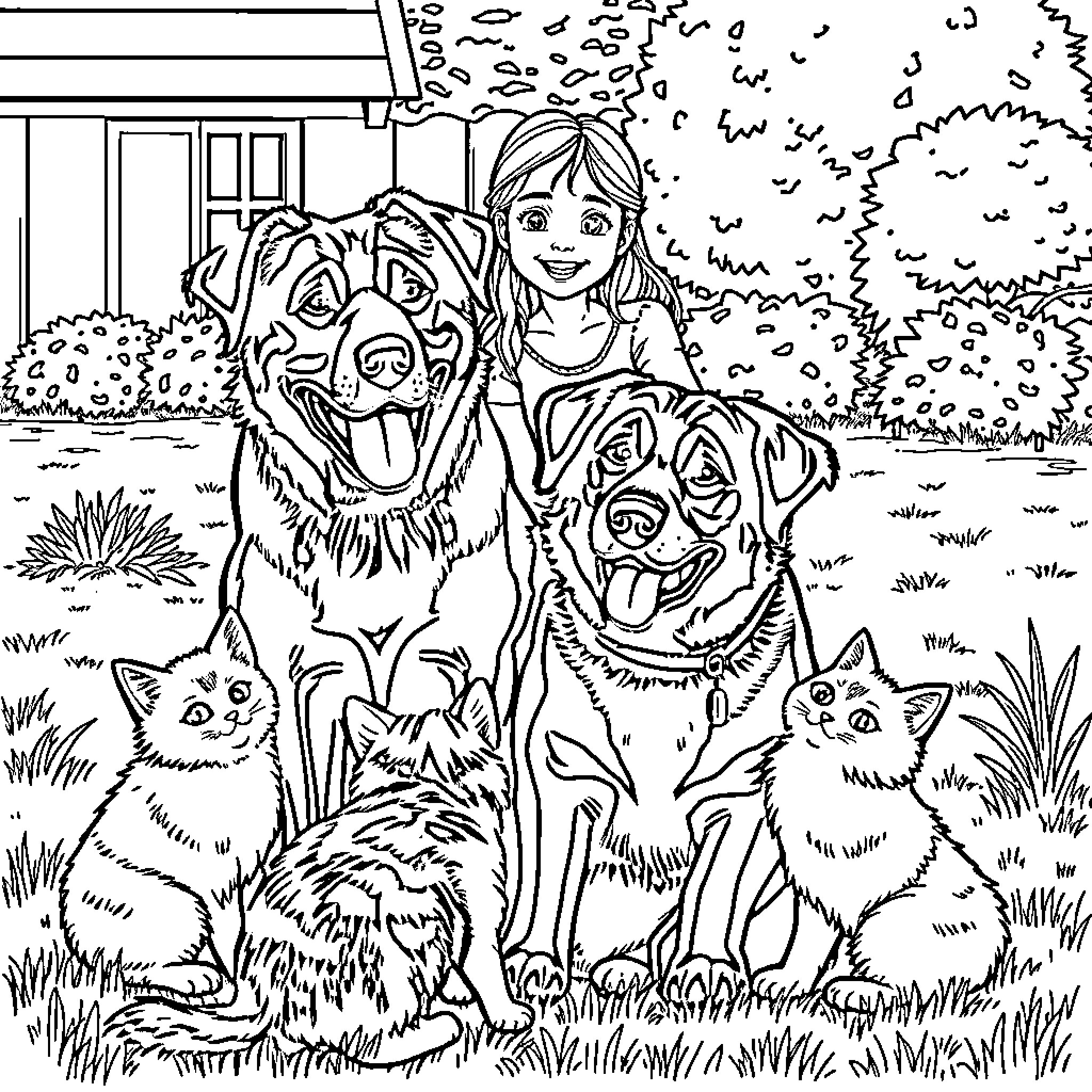 Dog and Girl Playing with Pets in Backyard Coloring Page (free black-and-white line drawing printable PDF for all, from beginners to advanced learners, including children, teens, adults, and seniors)