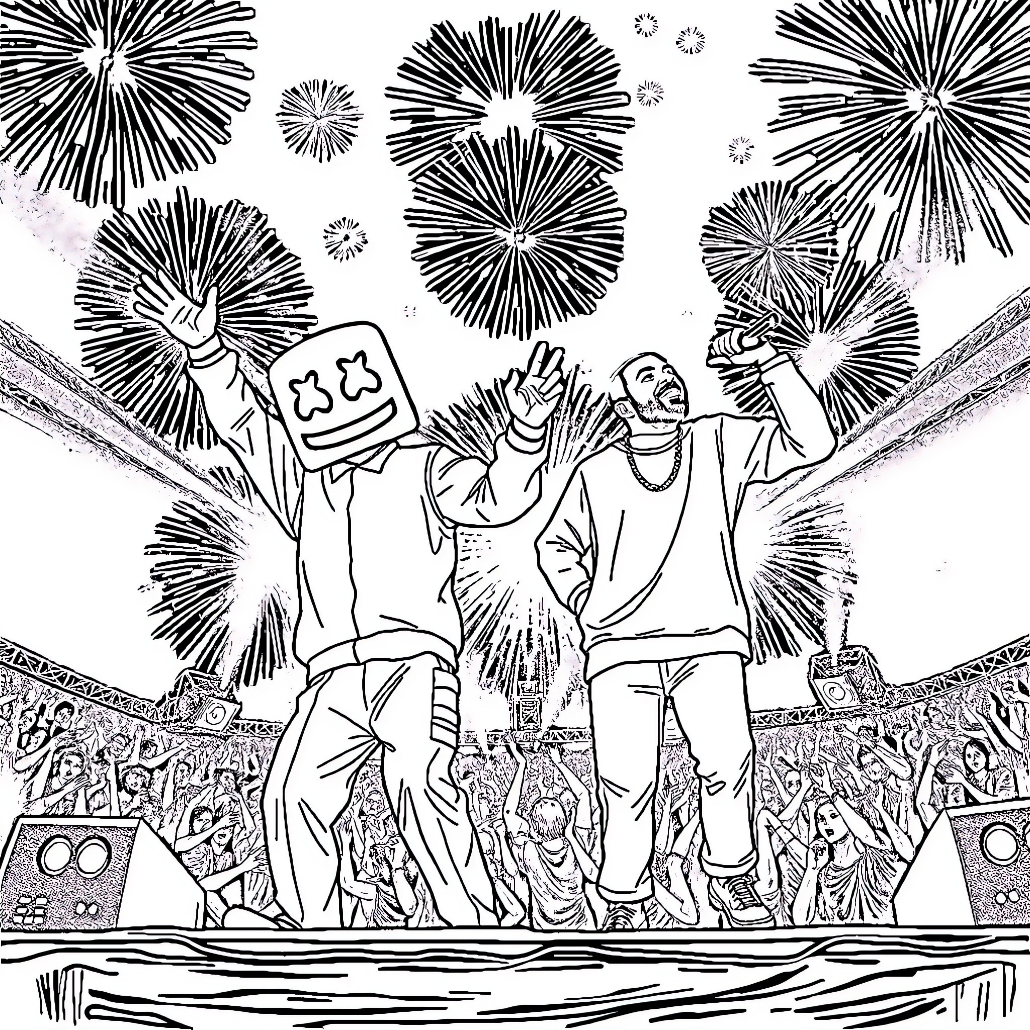 Marshmallow Trio Celebrating with Fireworks Coloring Page (free black-and-white line drawing printable PDF for all, from beginners to advanced learners, including children, teens, adults, and seniors)