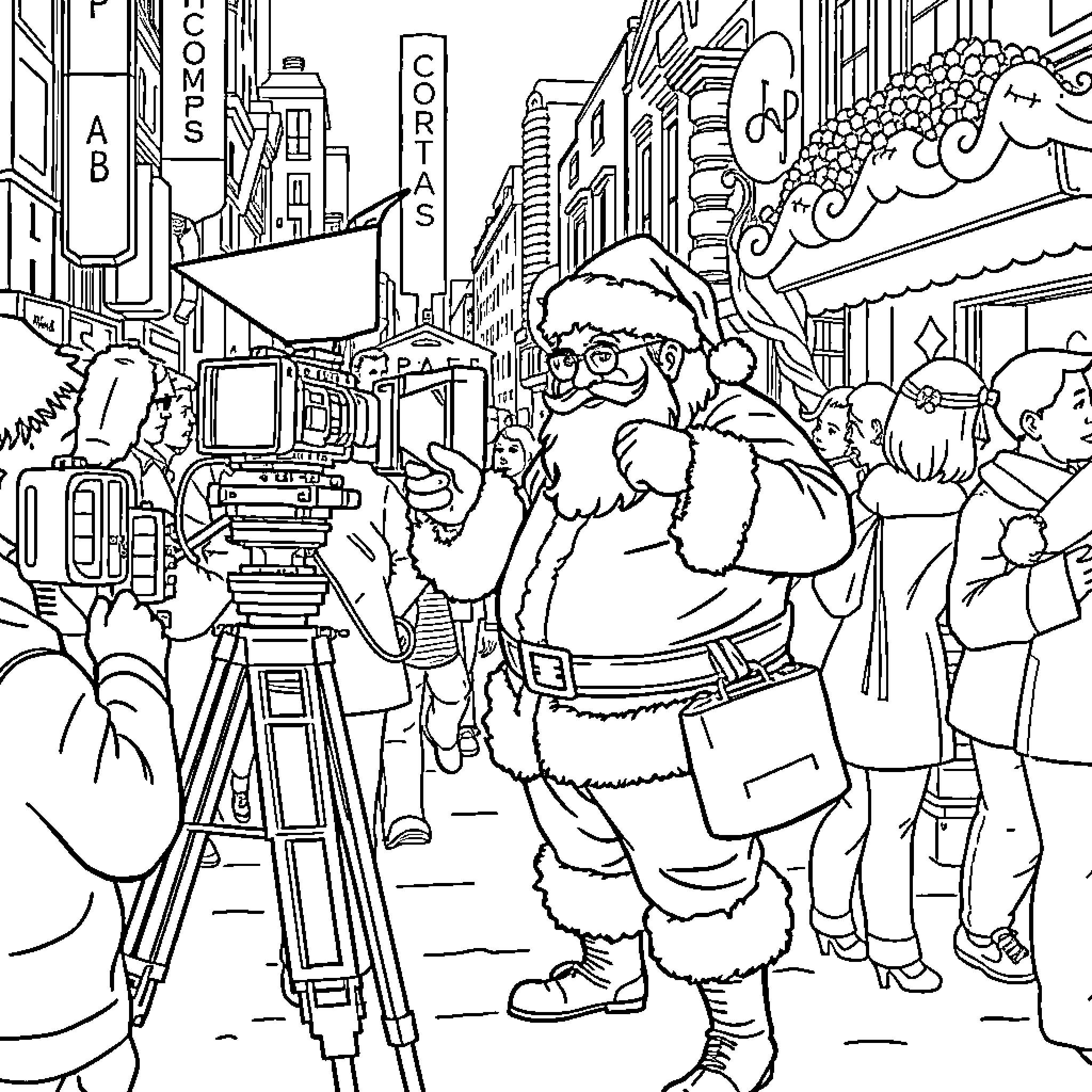 Santa filming a lively city street scene Coloring Page (free black-and-white line drawing printable PDF for all, from beginners to advanced learners, including children, teens, adults, and seniors)