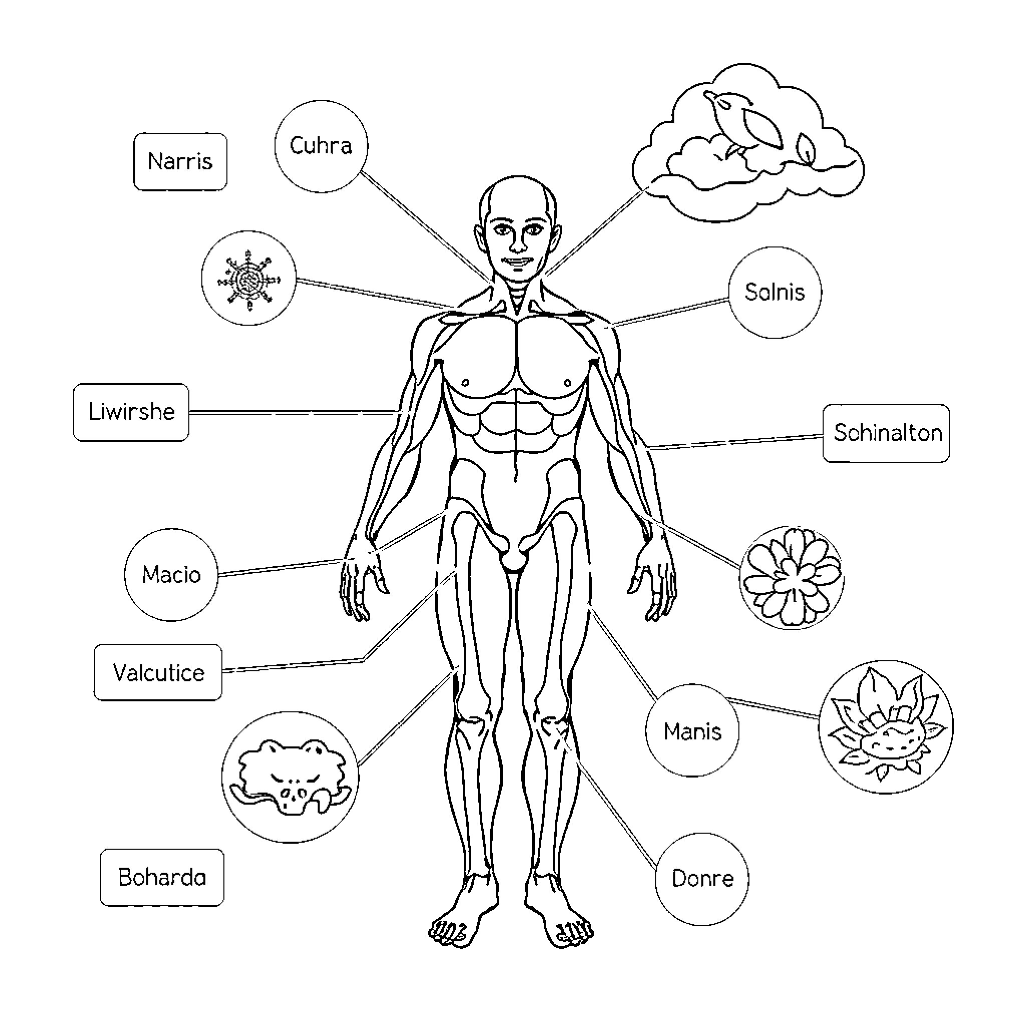 Body Part Diagram of Human Body and Symbolic Meanings Coloring Page (free black-and-white line drawing printable PDF for all, from beginners to advanced learners, including children, teens, adults, and seniors)
