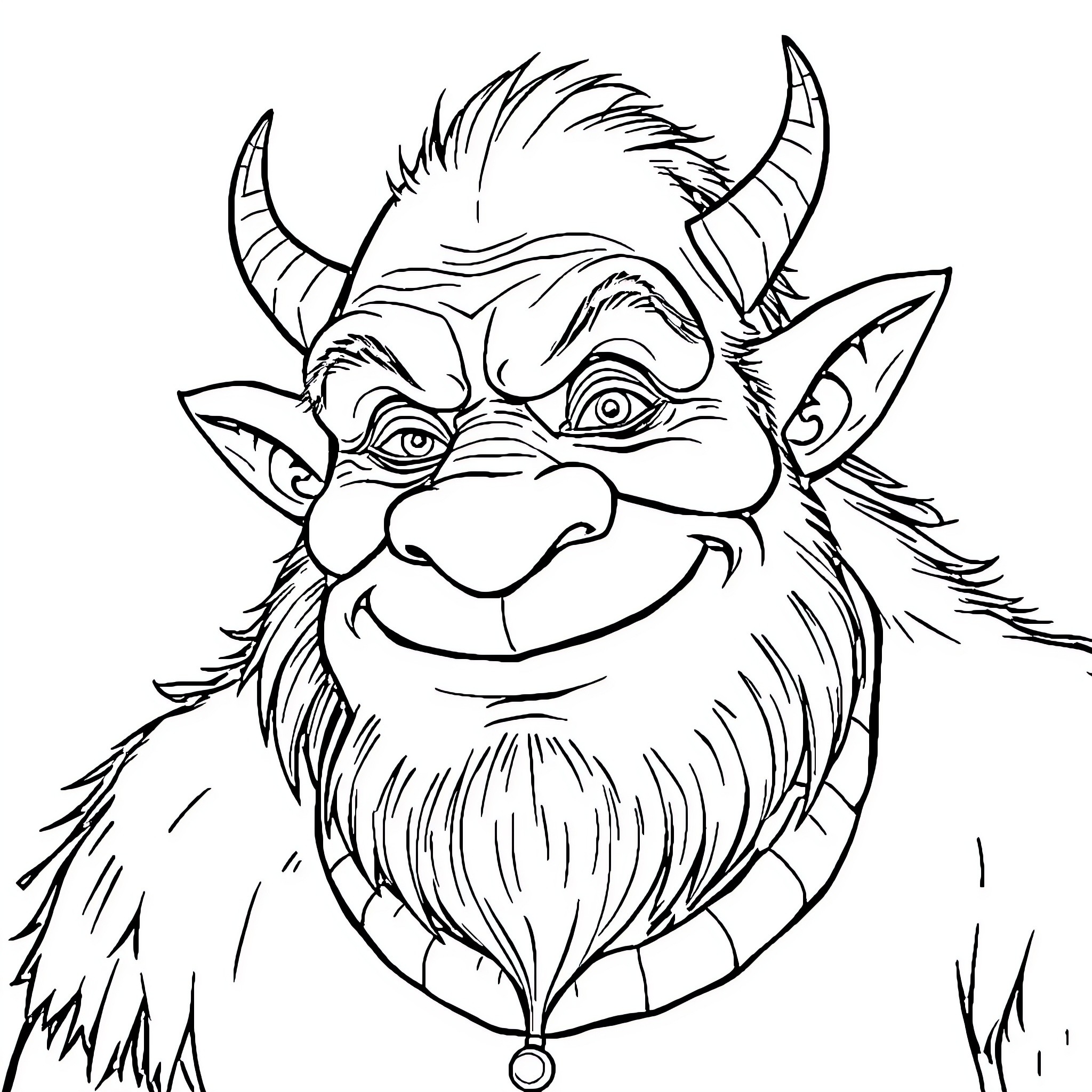 Ogre with Horns and Beard Smiling Cheerfully Coloring Page (free black-and-white line drawing printable PDF for all, from beginners to advanced learners, including children, teens, adults, and seniors)