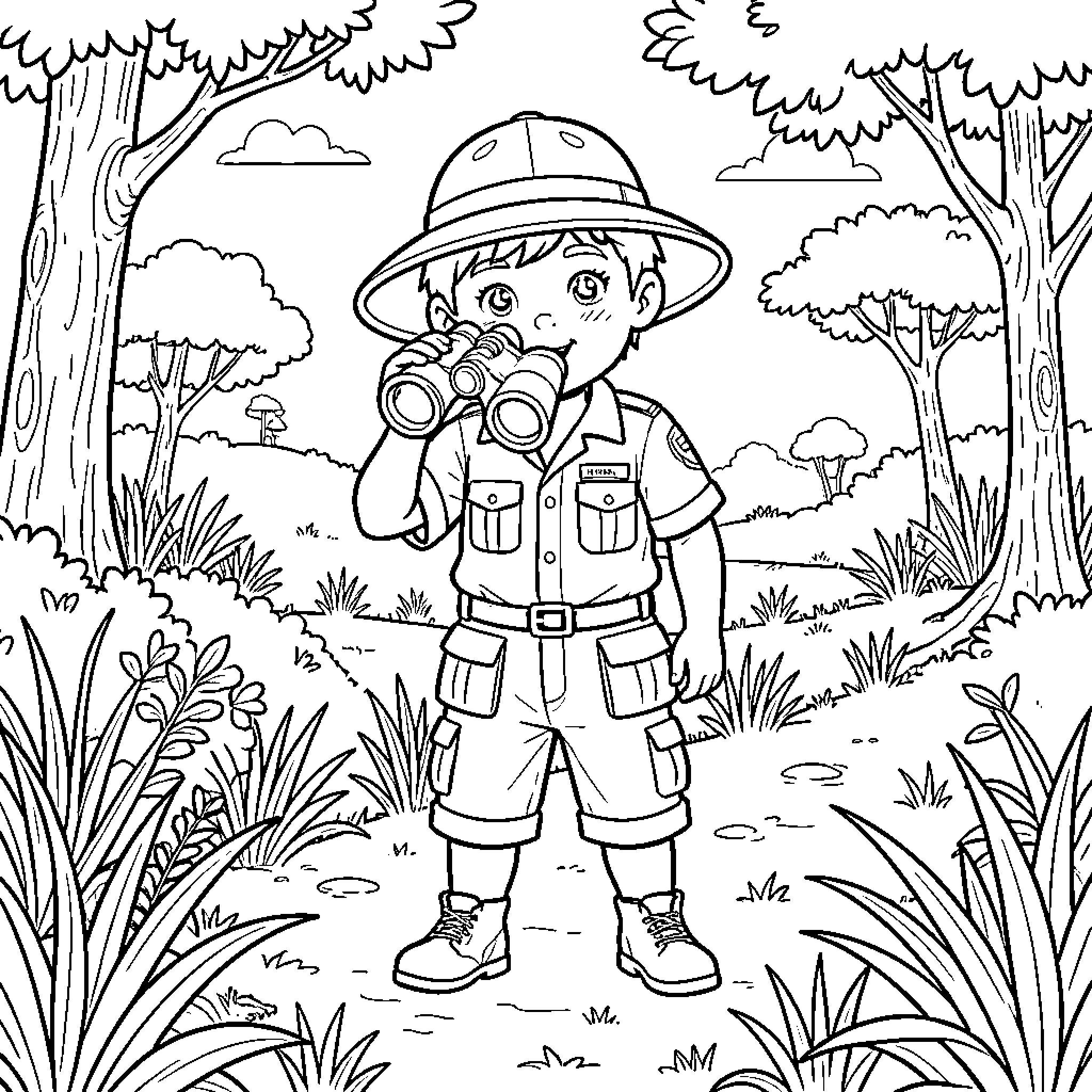 Boy exploring nature with binoculars in the forest Coloring Page (free black-and-white line drawing printable PDF for all, from beginners to advanced learners, including children, teens, adults, and seniors)