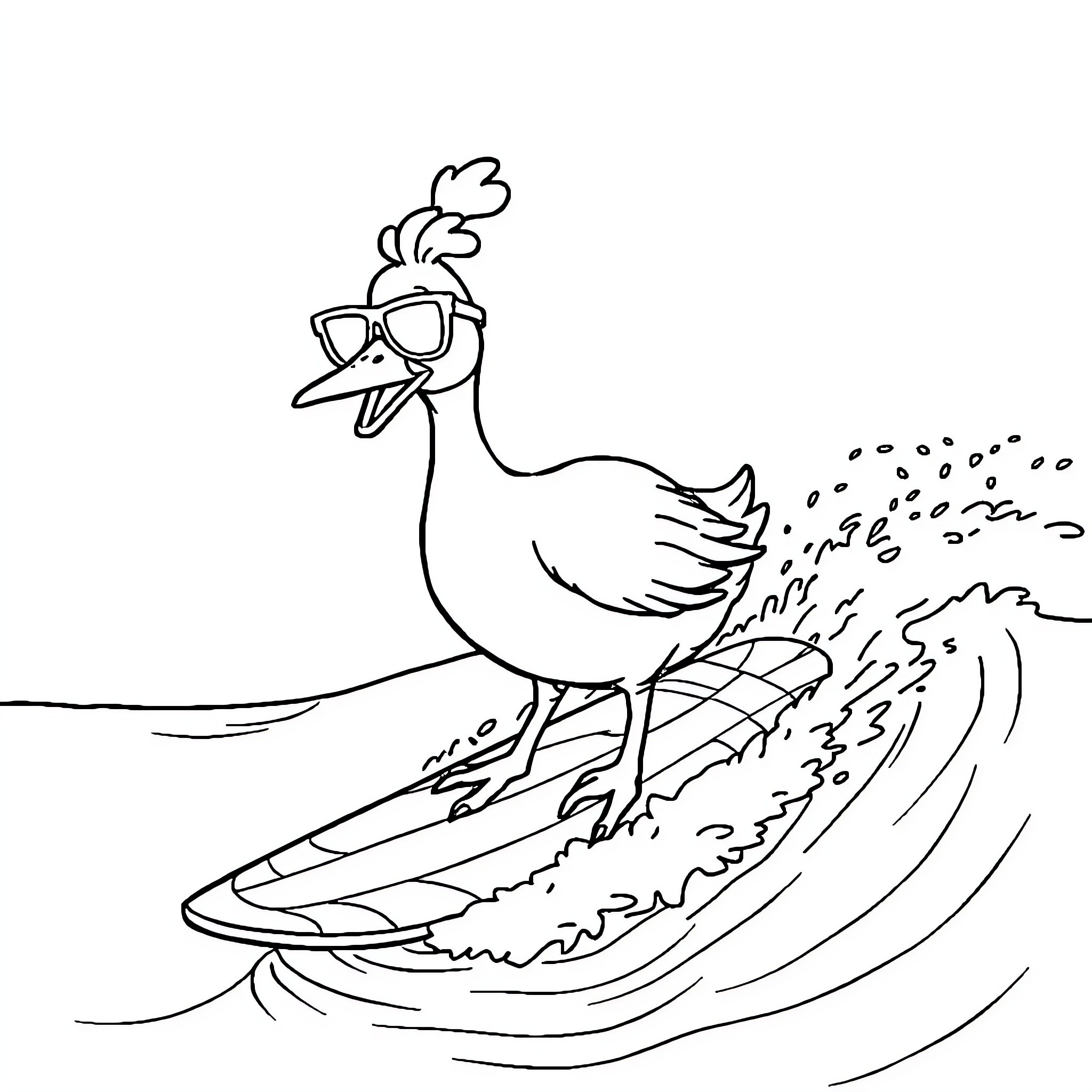 Goose enjoying a surfing adventure Coloring Page (free black-and-white line drawing printable PDF for all, from beginners to advanced learners, including children, teens, adults, and seniors)