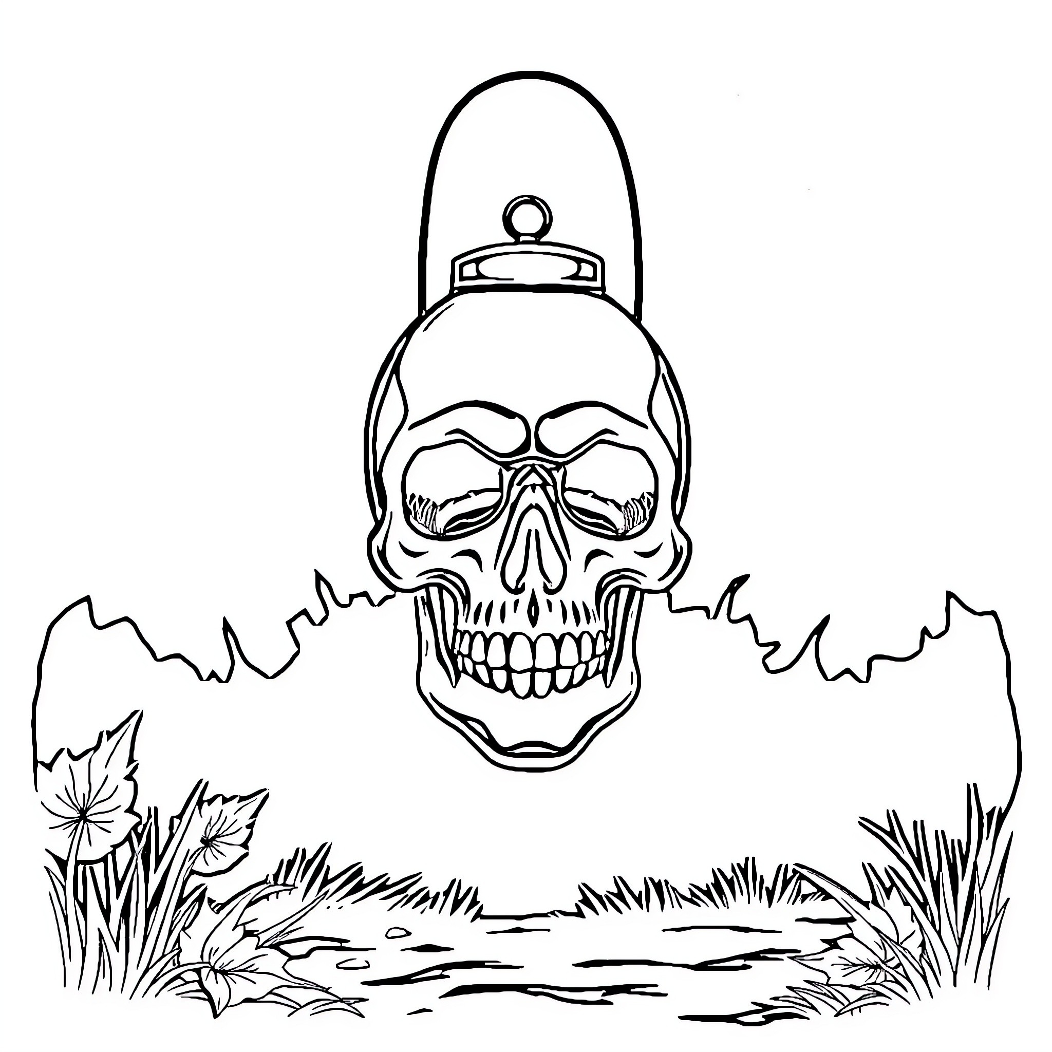 Skull lantern in a spooky forest Coloring Page (free black-and-white line drawing printable PDF for all, from beginners to advanced learners, including children, teens, adults, and seniors)