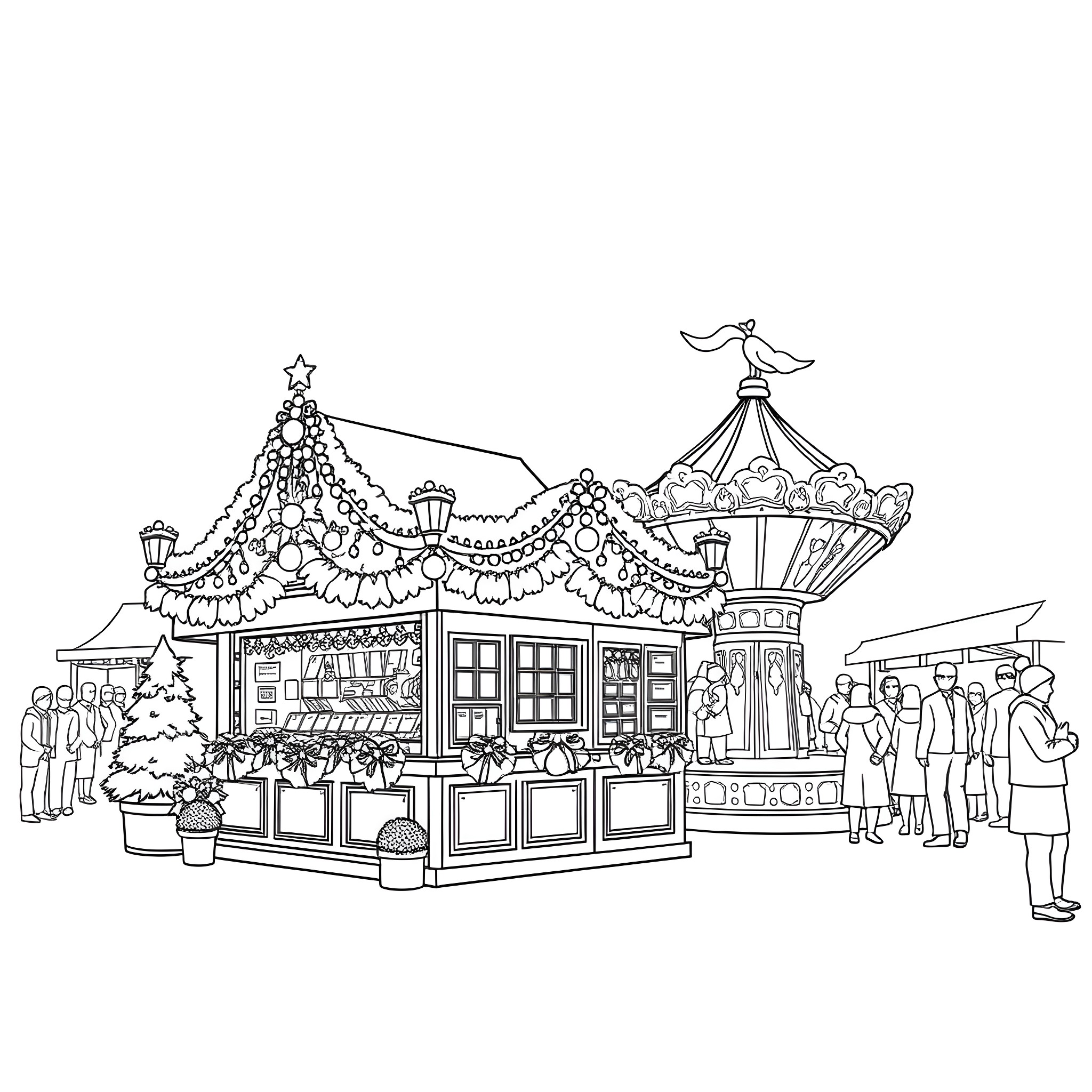 Christmas Market with Festive Stalls and Crowds Coloring Page (free black-and-white line drawing printable PDF for all, from beginners to advanced learners, including children, teens, adults, and seniors)