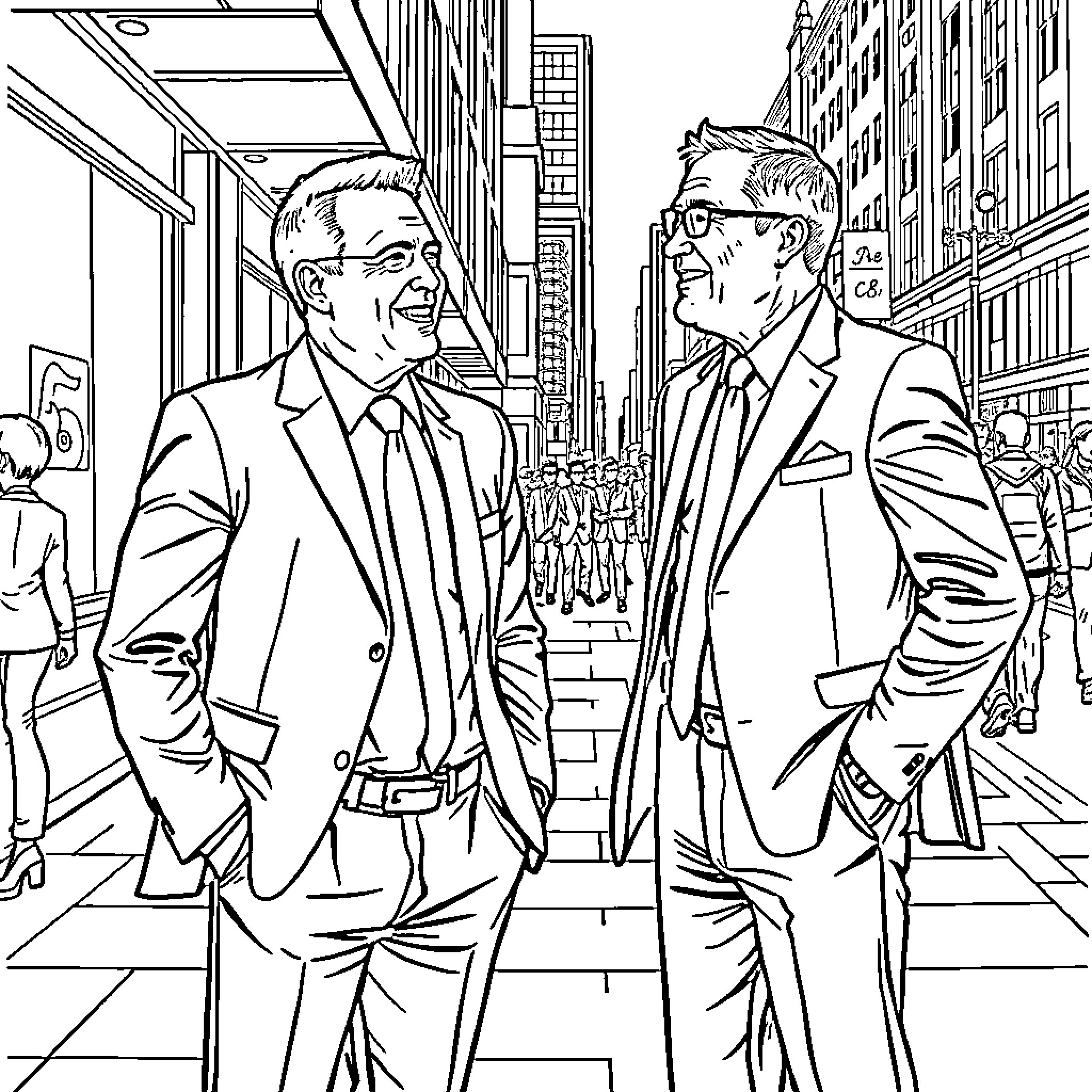 Man Conversing Intently in the City Coloring Page (free black-and-white line drawing printable PDF for all, from beginners to advanced learners, including children, teens, adults, and seniors)