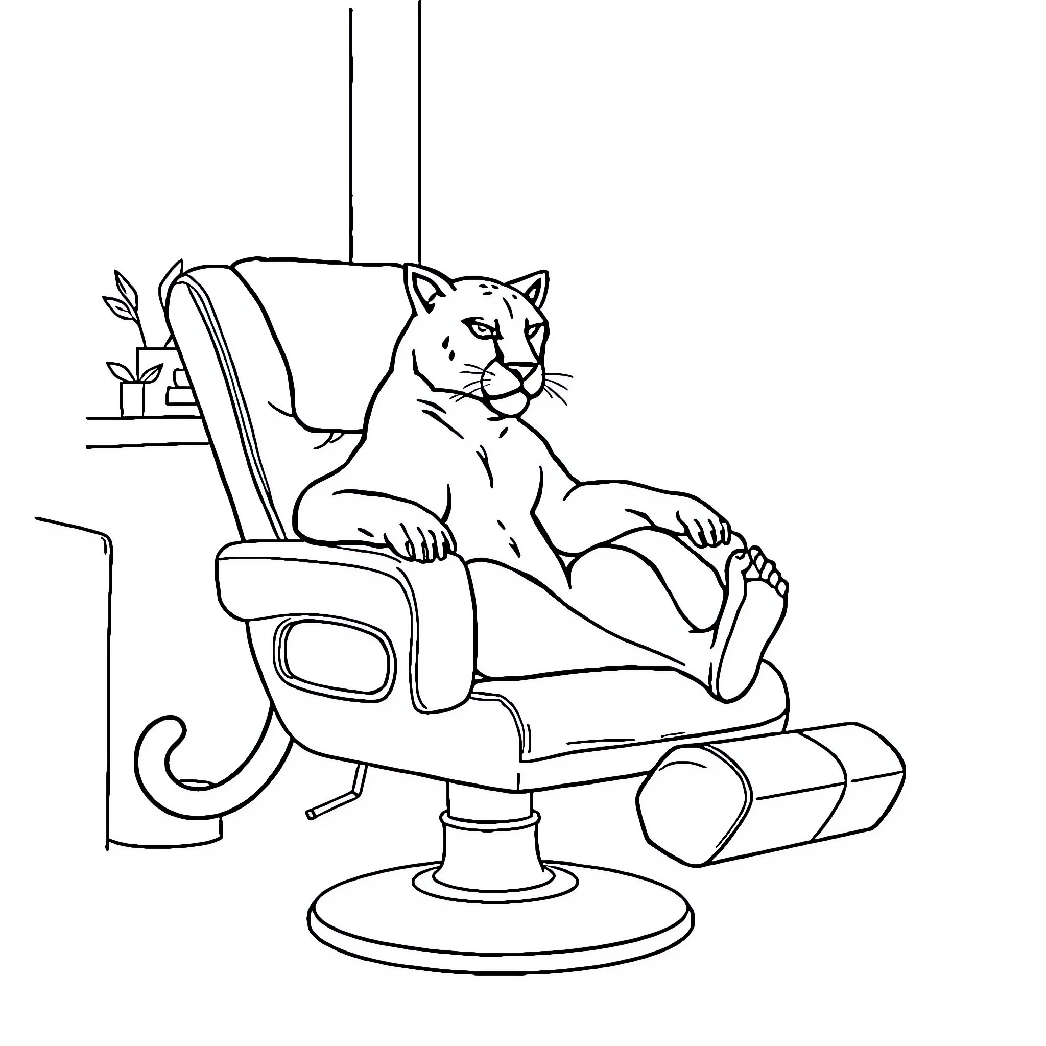Panther relaxing comfortably in an office chair Coloring Page (free black-and-white line drawing printable PDF for all, from beginners to advanced learners, including children, teens, adults, and seniors)