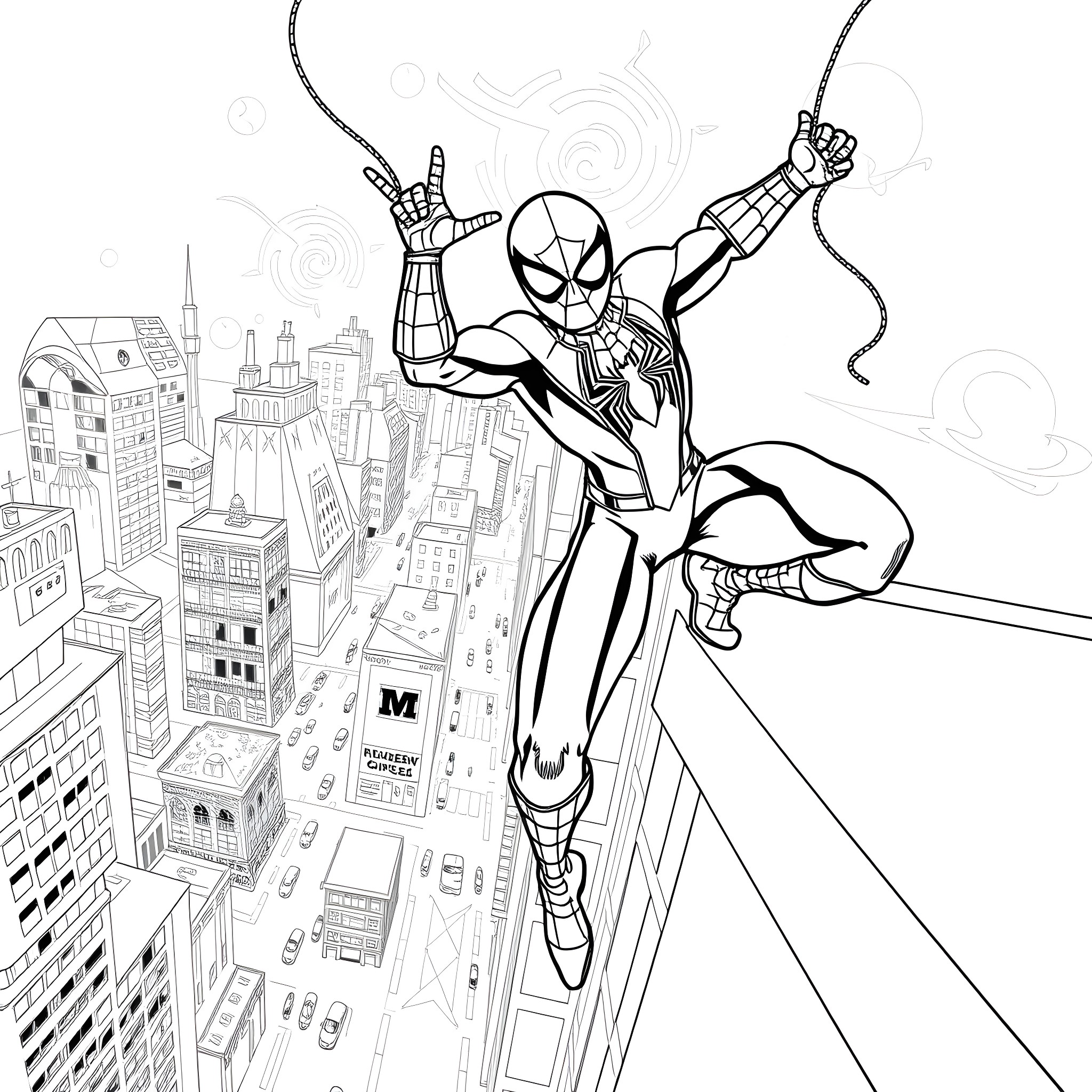 Spider-Man swinging through the city with heroic pose Coloring Page (free black-and-white line drawing printable PDF for all, from beginners to advanced learners, including children, teens, adults, and seniors)