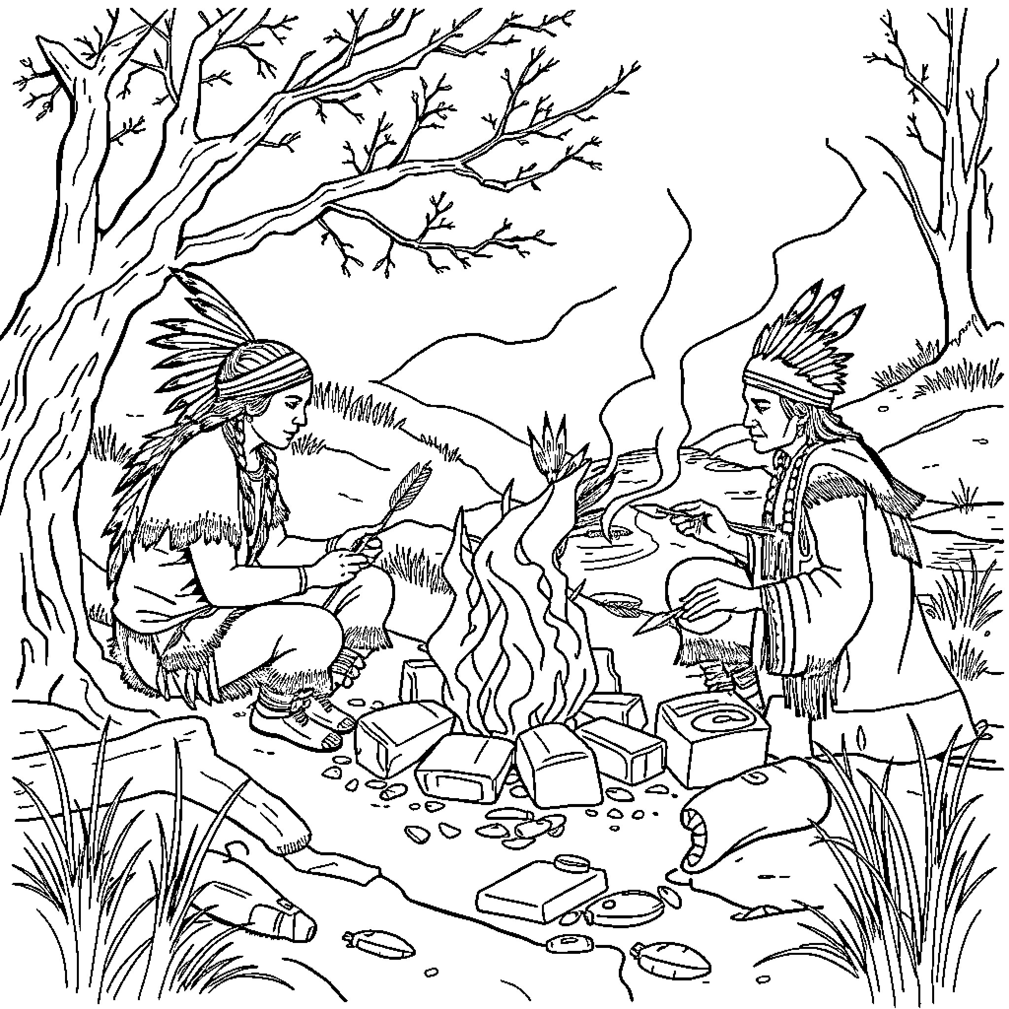 Indian Indigenous People Gathering Around Campfire Coloring Page (free black-and-white line drawing printable PDF for all, from beginners to advanced learners, including children, teens, adults, and seniors)