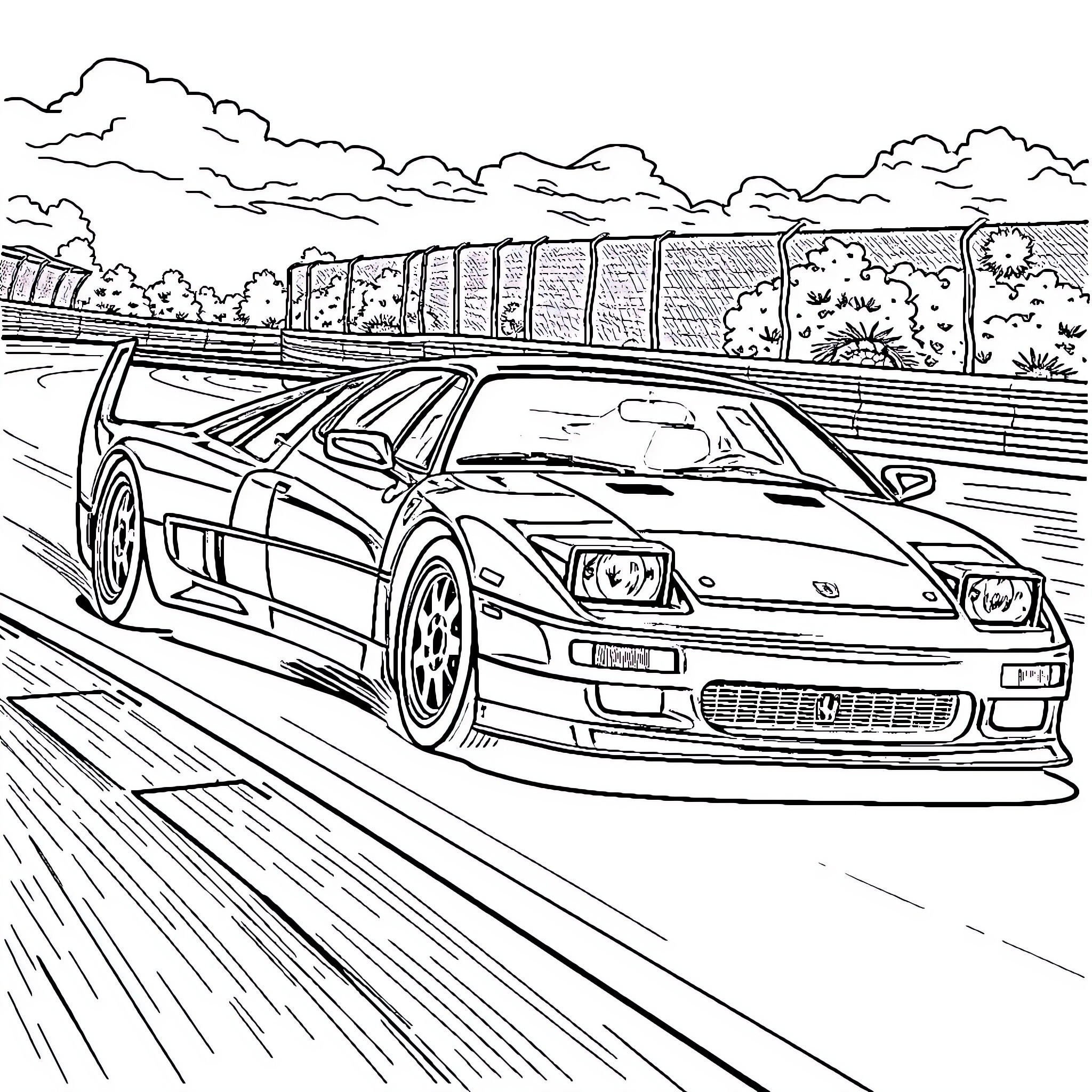 Car racing on a winding road through the countryside Coloring Page (free black-and-white line drawing printable PDF for all, from beginners to advanced learners, including children, teens, adults, and seniors)