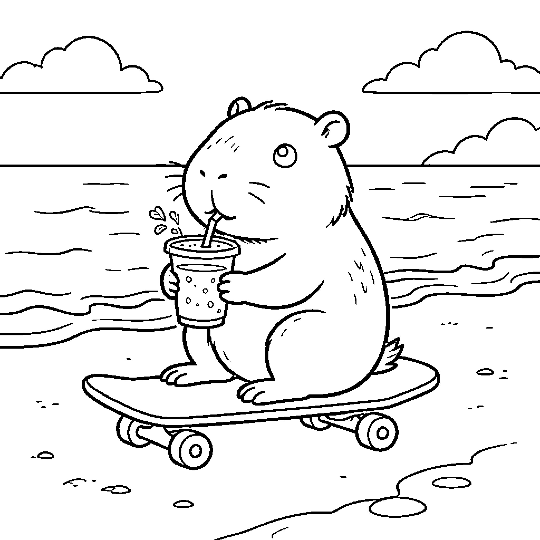 Capybara riding a skateboard while drinking a beverage Coloring Page (free black-and-white line drawing printable PDF for all, from beginners to advanced learners, including children, teens, adults, and seniors)
