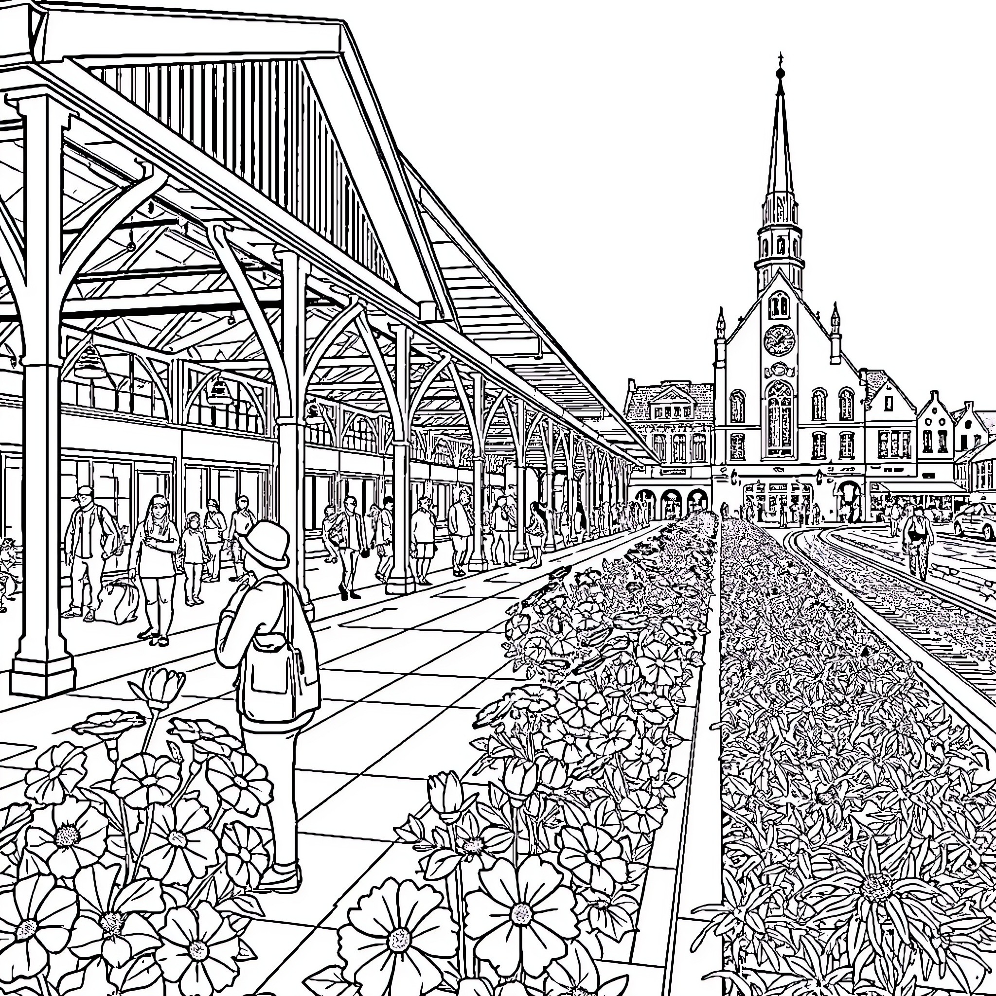Blankenberge: People strolling along flower-lined promenade Coloring Page (free black-and-white line drawing printable PDF for all, from beginners to advanced learners, including children, teens, adults, and seniors)