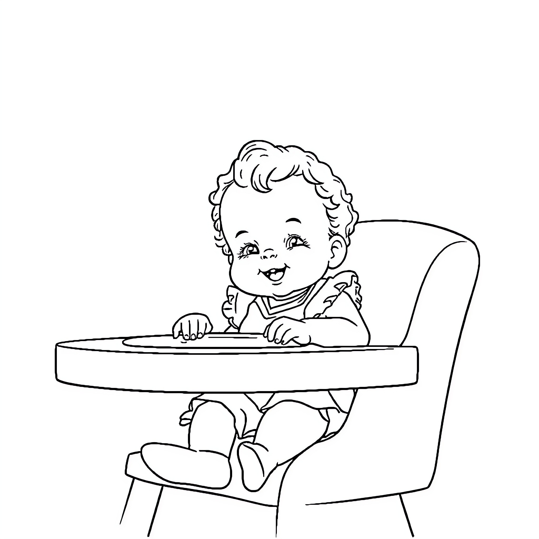 Baby happily eating at the table Coloring Page (free black-and-white line drawing printable PDF for all, from beginners to advanced learners, including children, teens, adults, and seniors)