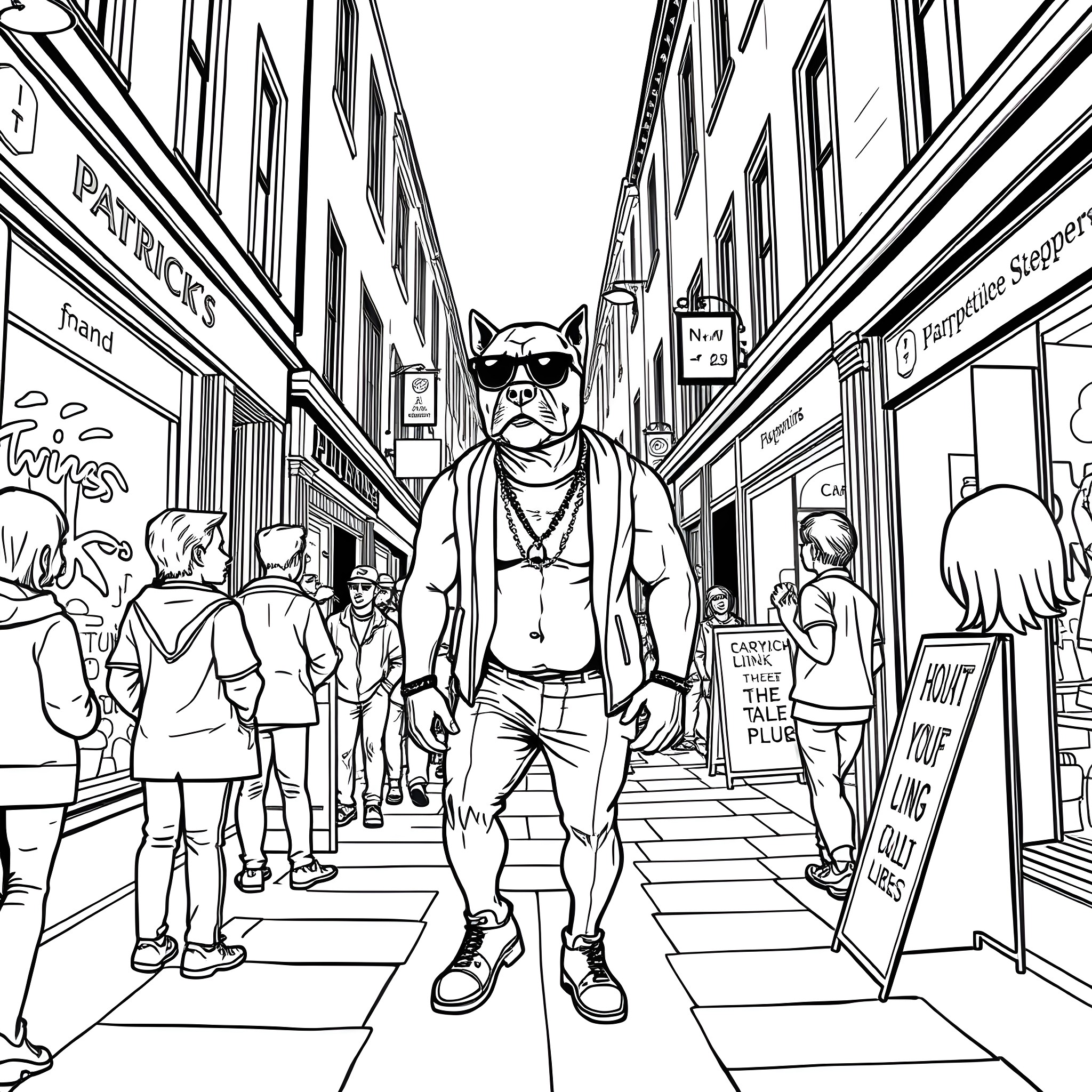 Pitbull walking confidently through the city streets Coloring Page (free black-and-white line drawing printable PDF for all, from beginners to advanced learners, including children, teens, adults, and seniors)