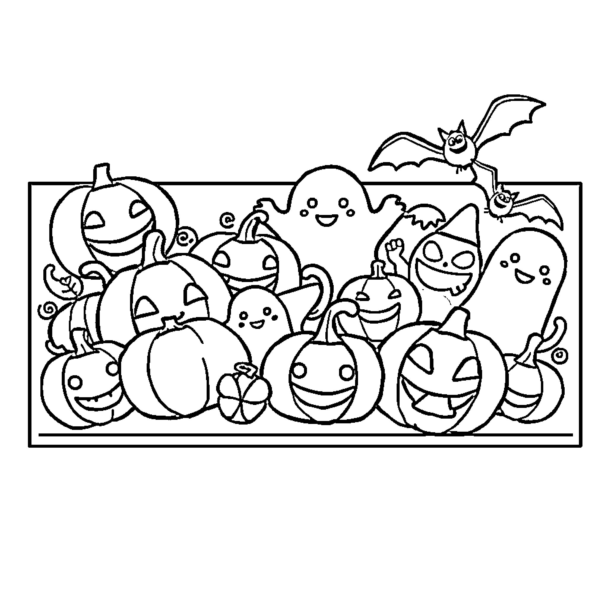 Rectangle of Playful Halloween Characters Coloring Page (free black-and-white line drawing printable PDF for all, from beginners to advanced learners, including children, teens, adults, and seniors)