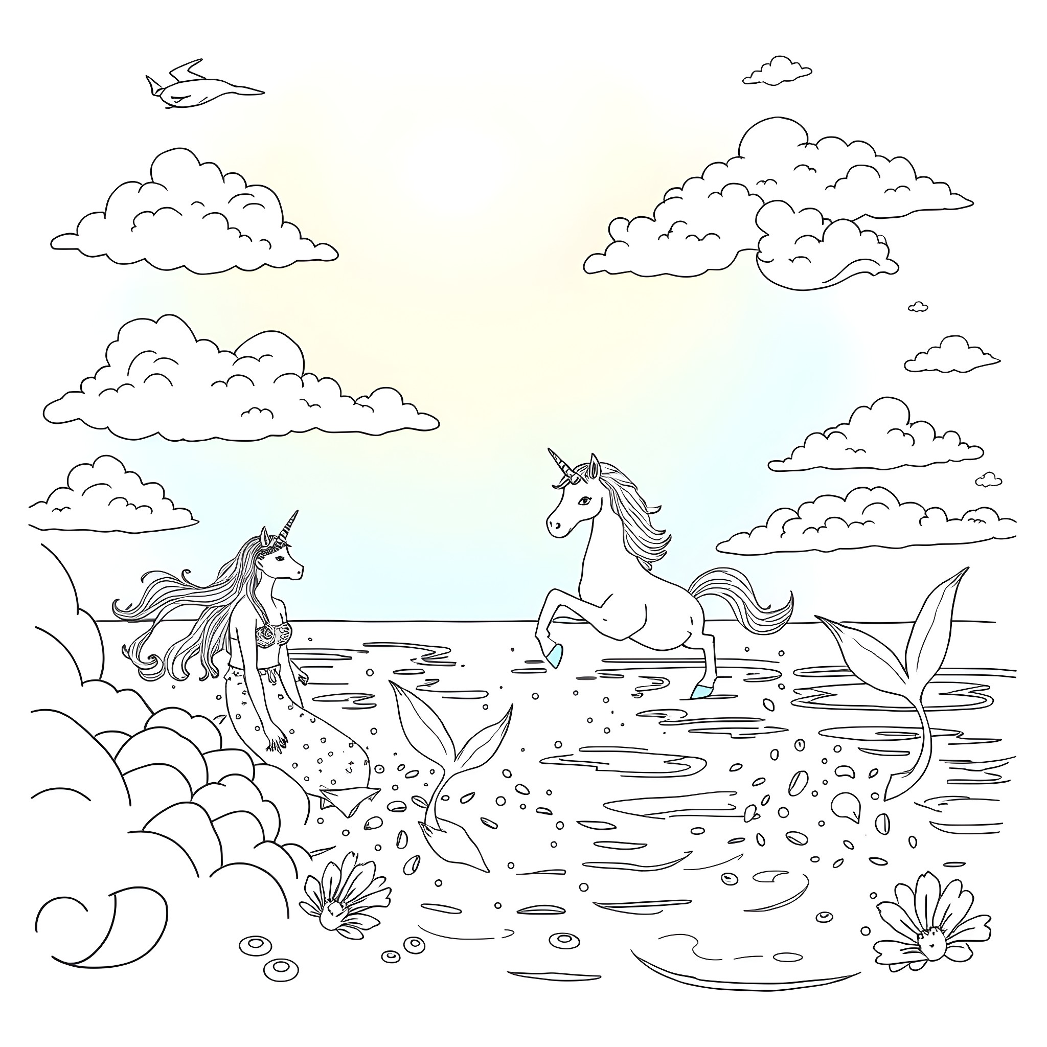 Unicorn playing joyfully in a magical landscape Coloring Page (free black-and-white line drawing printable PDF for all, from beginners to advanced learners, including children, teens, adults, and seniors)