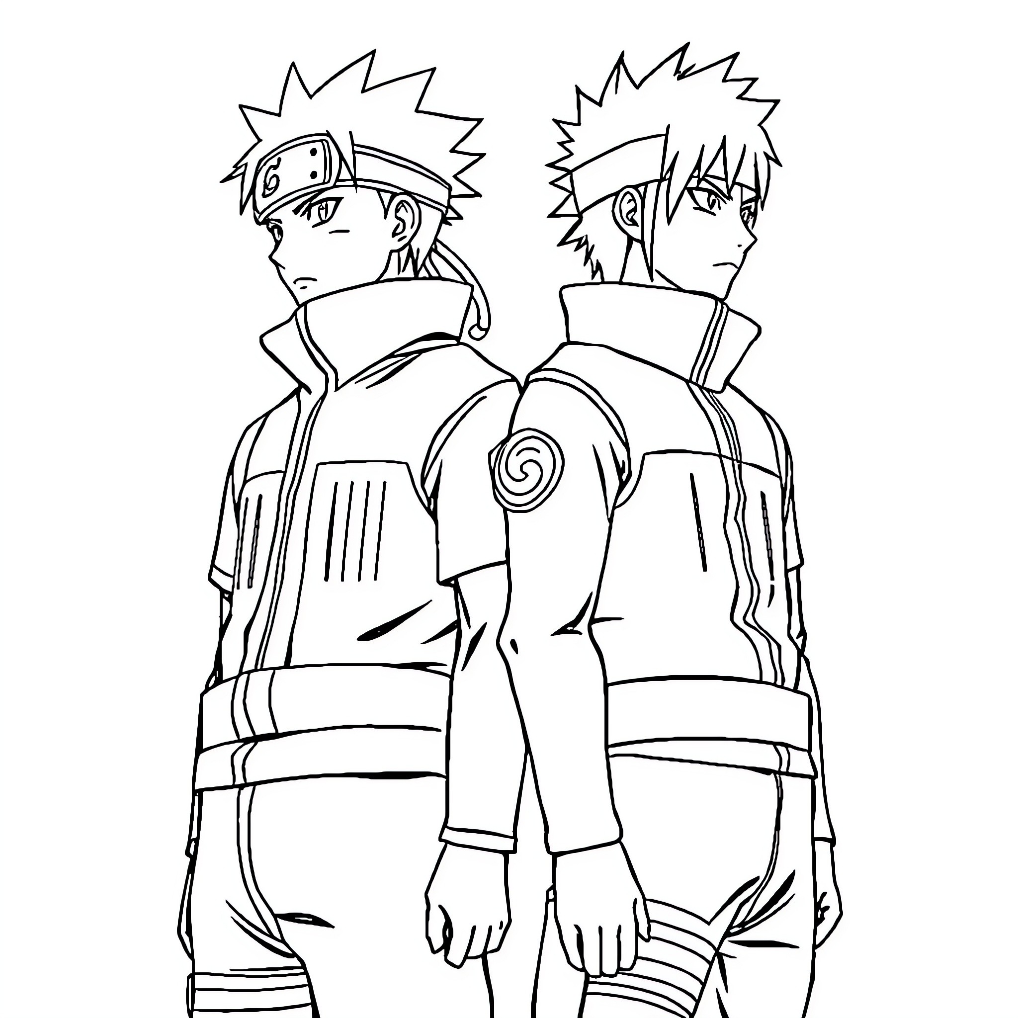 Naruto and Sasuke in Ninja Attire Coloring Page (free black-and-white line drawing printable PDF for all, from beginners to advanced learners, including children, teens, adults, and seniors)