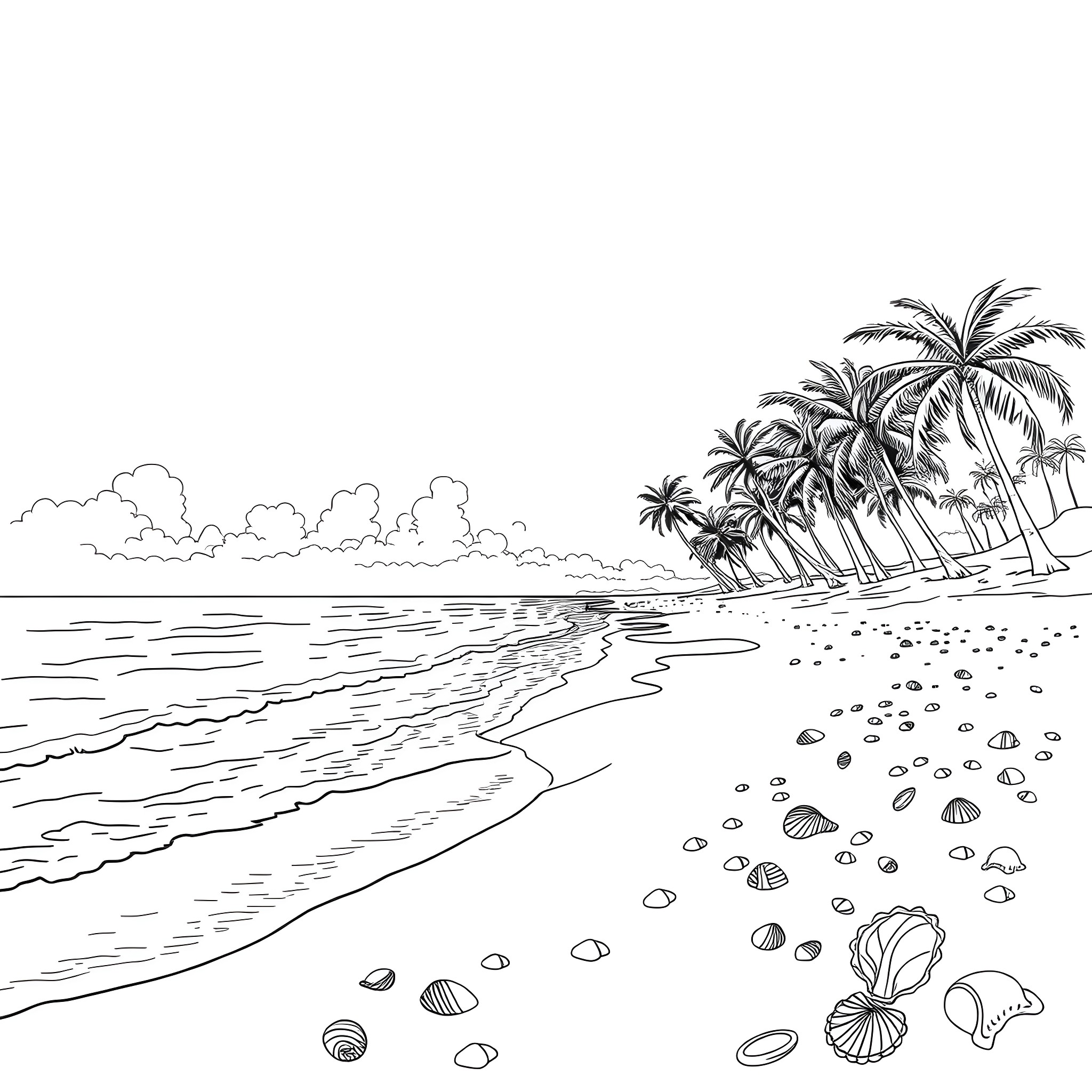 Beach with palm trees and seashells in the sand Coloring Page (free black-and-white line drawing printable PDF for all, from beginners to advanced learners, including children, teens, adults, and seniors)