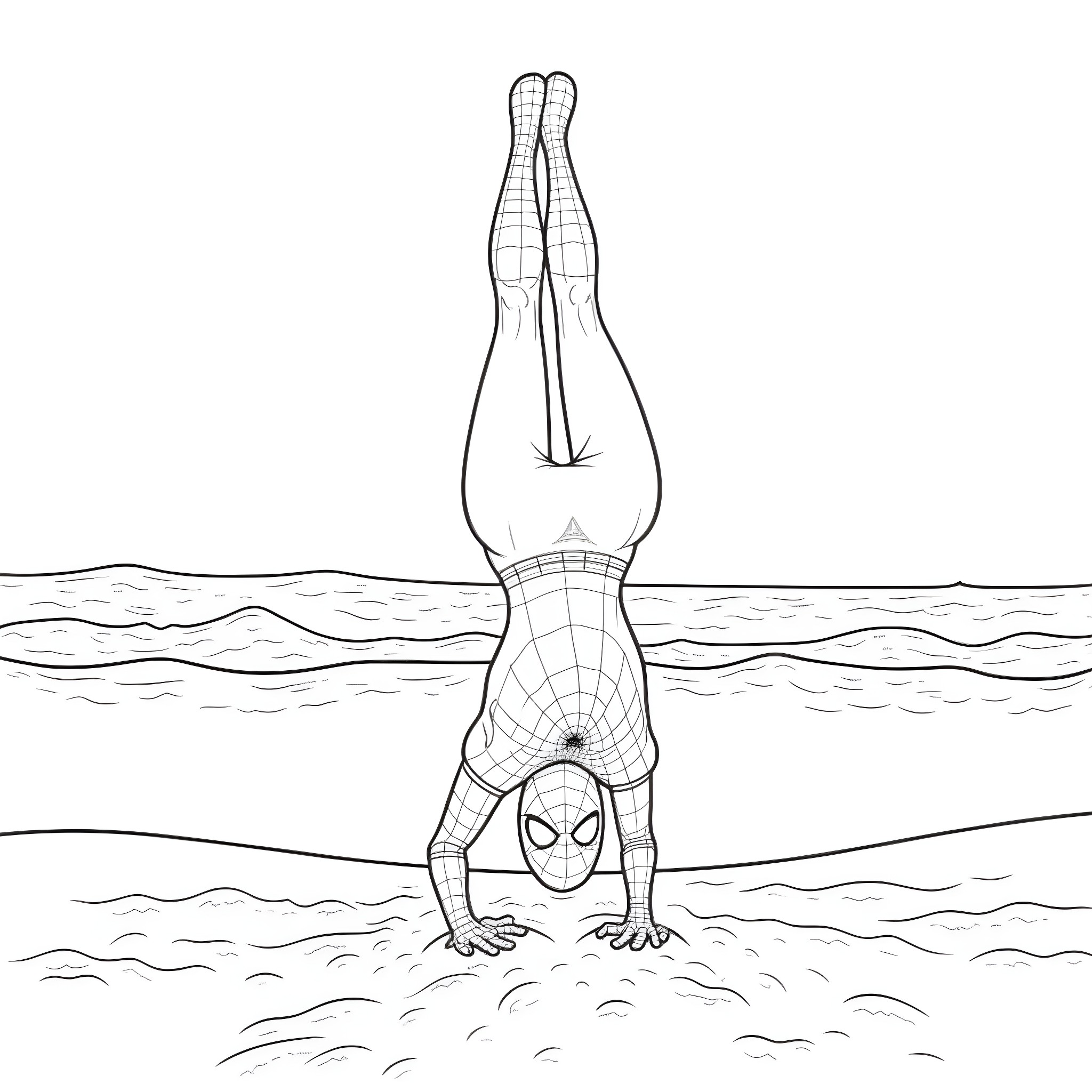 Spiderman performing acrobatic dive in the water Coloring Page (free black-and-white line drawing printable PDF for all, from beginners to advanced learners, including children, teens, adults, and seniors)