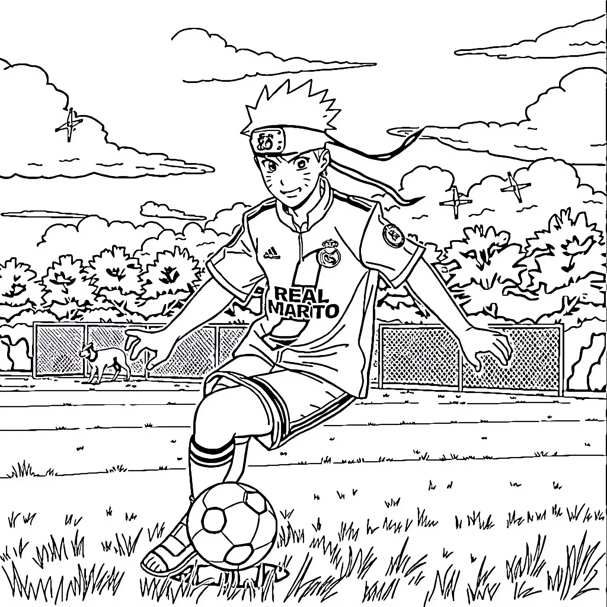 Naruto training on the soccer field Coloring Page (free black-and-white line drawing printable PDF for all, from beginners to advanced learners, including children, teens, adults, and seniors)