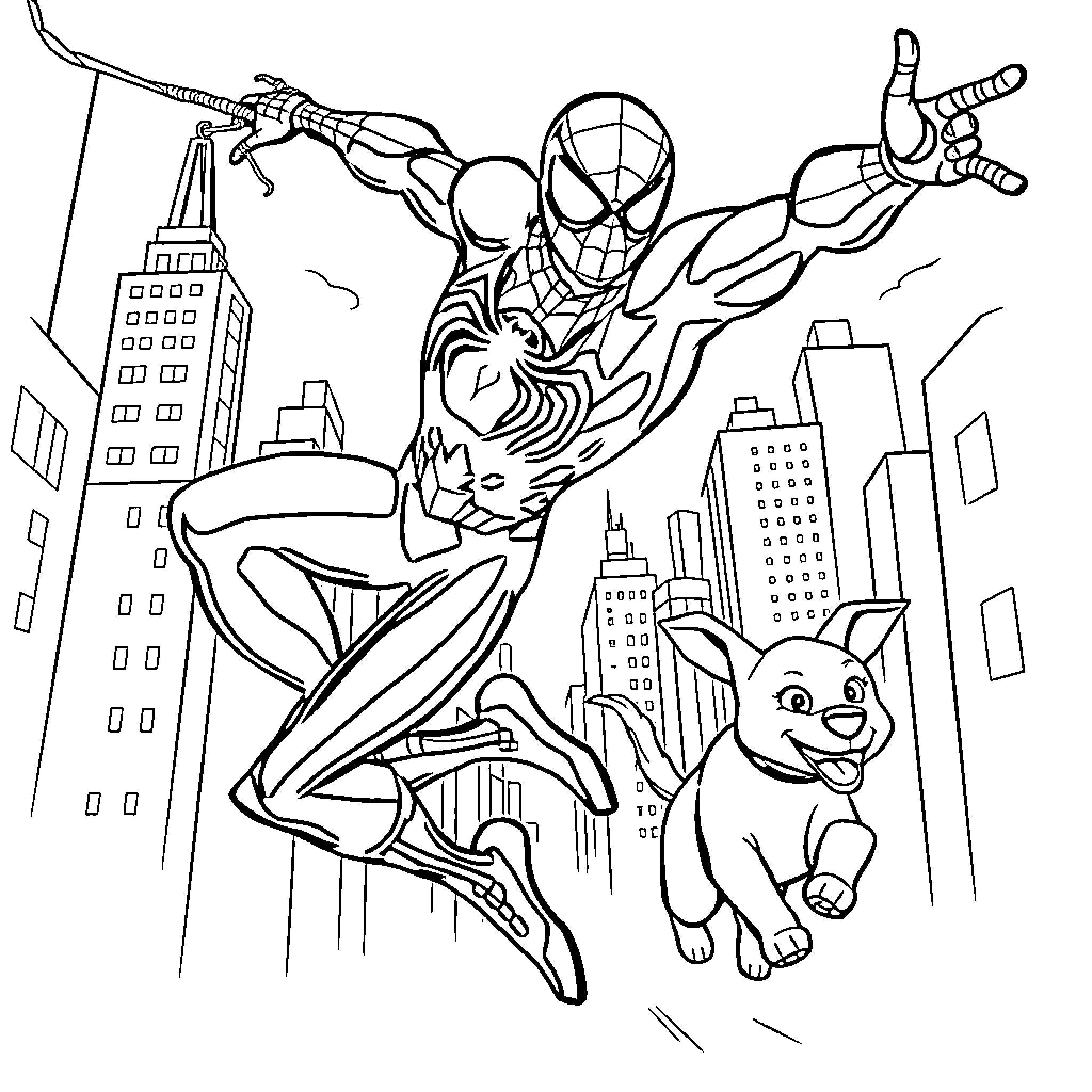Spiderman swinging through the city with a dog companion Coloring Page (free black-and-white line drawing printable PDF for all, from beginners to advanced learners, including children, teens, adults, and seniors)