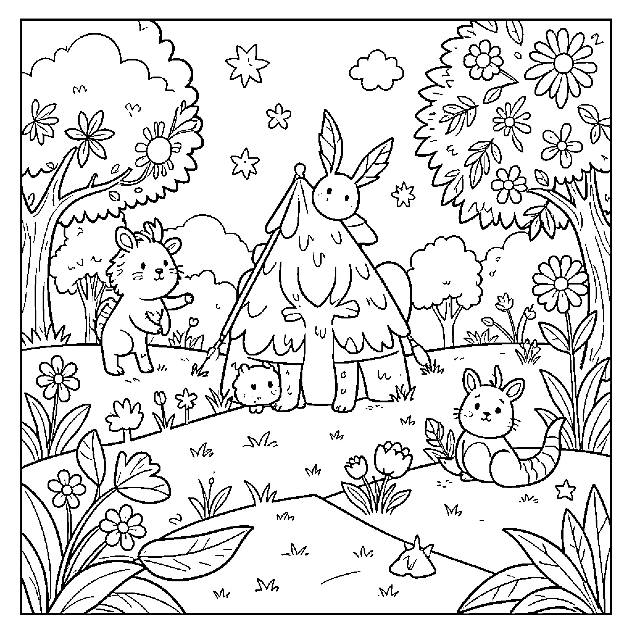 Beauty of whimsical animals exploring a magical forest Coloring Page (free black-and-white line drawing printable PDF for all, from beginners to advanced learners, including children, teens, adults, and seniors)