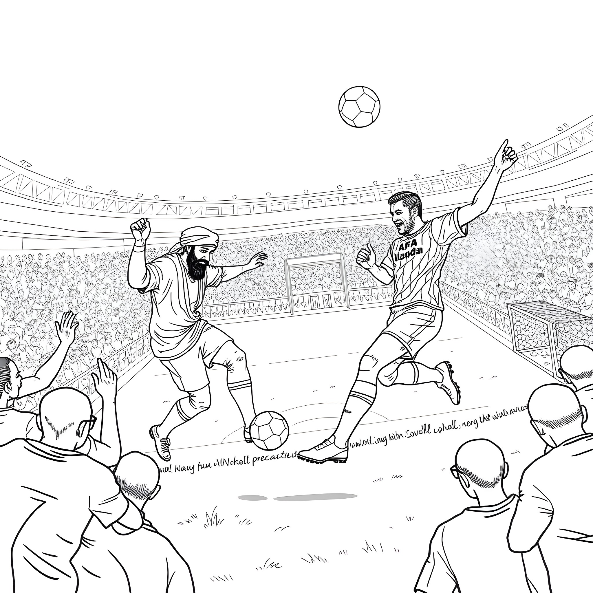 Football Players Competing in Intense Match on Stadium Coloring Page (free black-and-white line drawing printable PDF for all, from beginners to advanced learners, including children, teens, adults, and seniors)