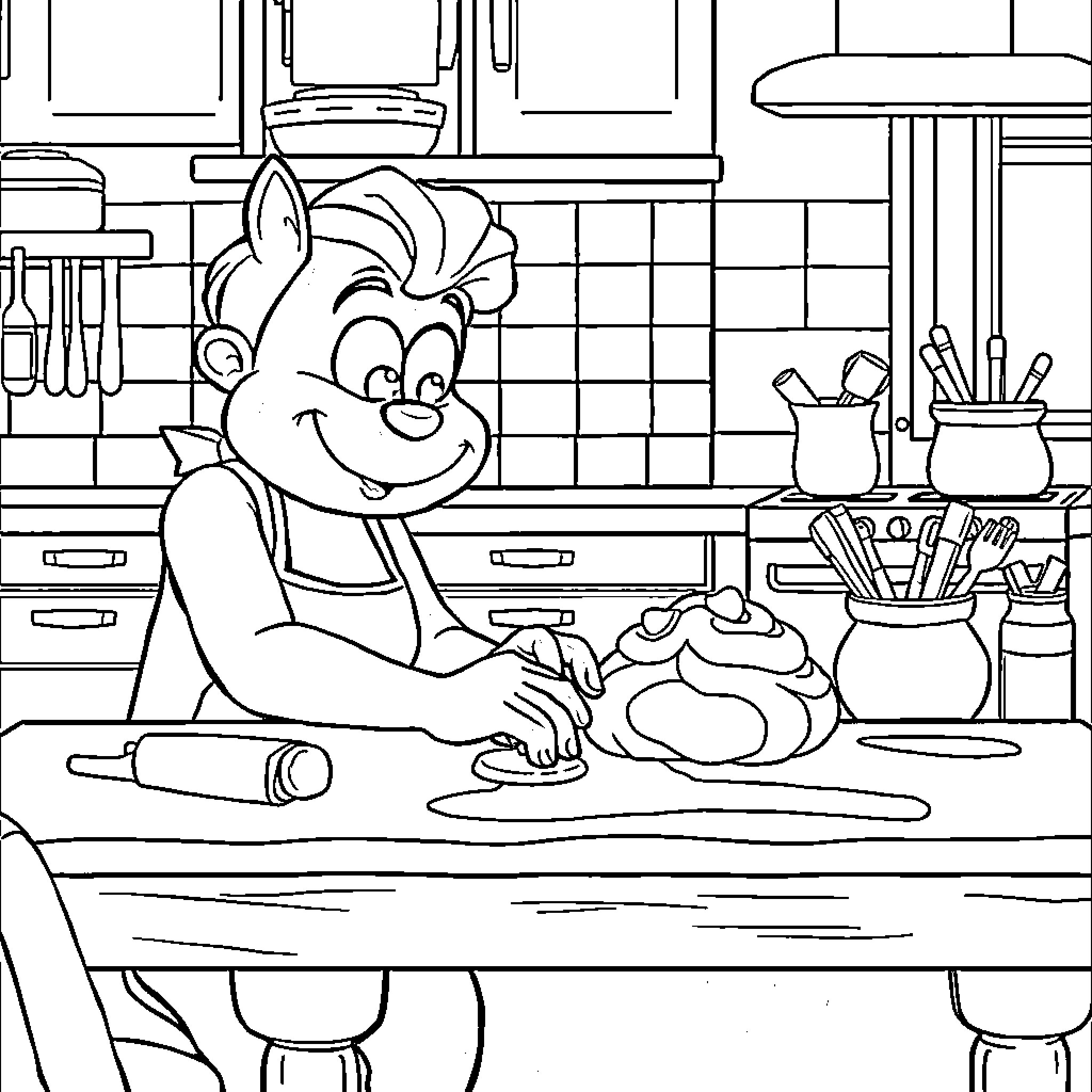 Bluey Baking Cookies in the Kitchen Coloring Page (free black-and-white line drawing printable PDF for all, from beginners to advanced learners, including children, teens, adults, and seniors)