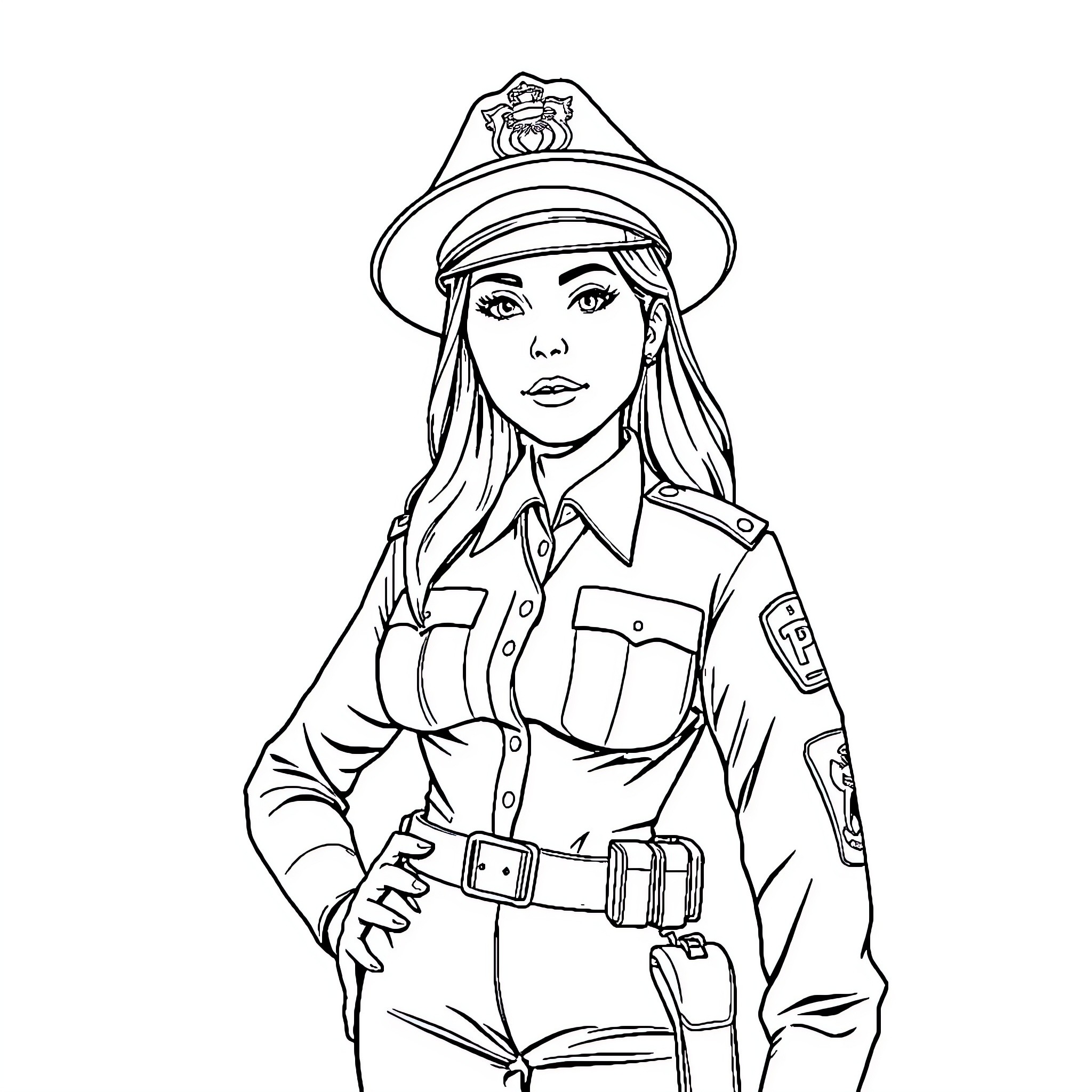 Cinderella as a policewoman Coloring Page (free black-and-white line drawing printable PDF for all, from beginners to advanced learners, including children, teens, adults, and seniors)