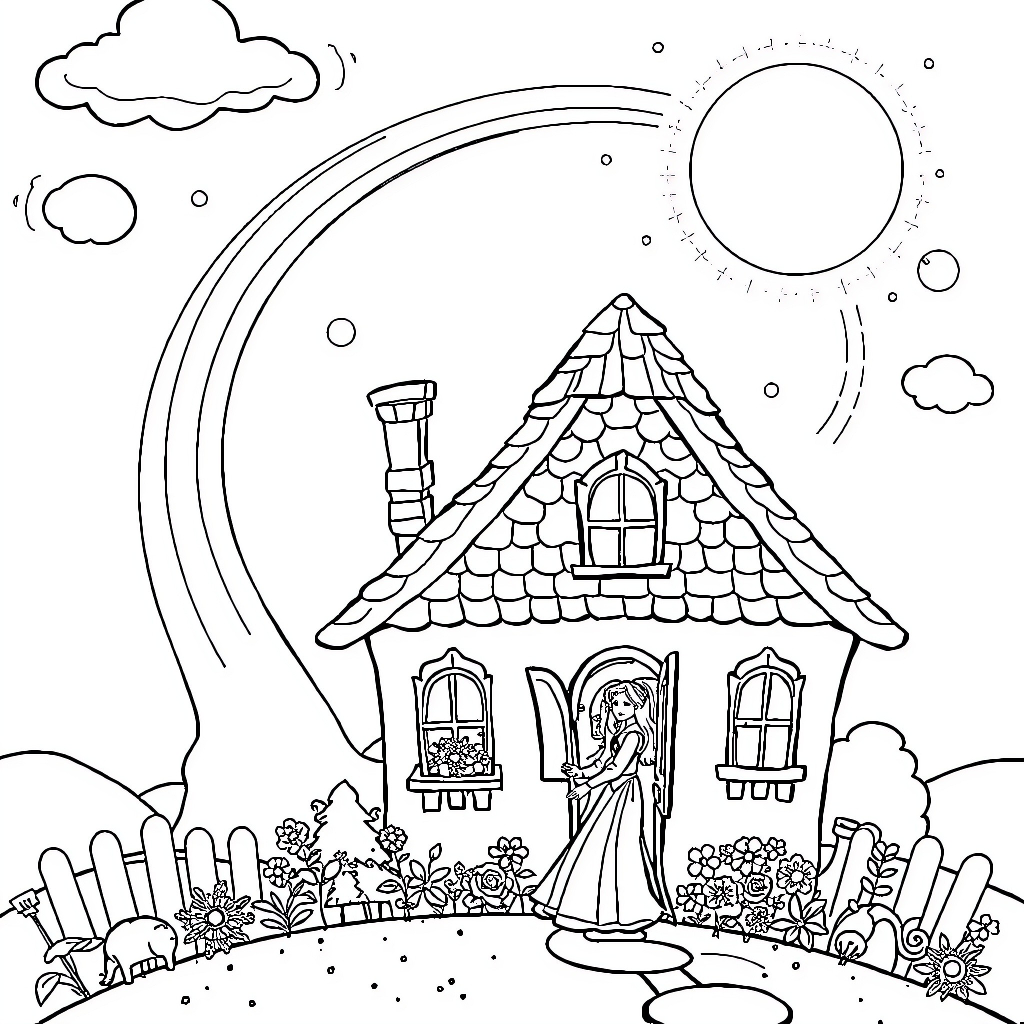 Princess in a Whimsical Cottage Scene Coloring Page (free black-and-white line drawing printable PDF for all, from beginners to advanced learners, including children, teens, adults, and seniors)